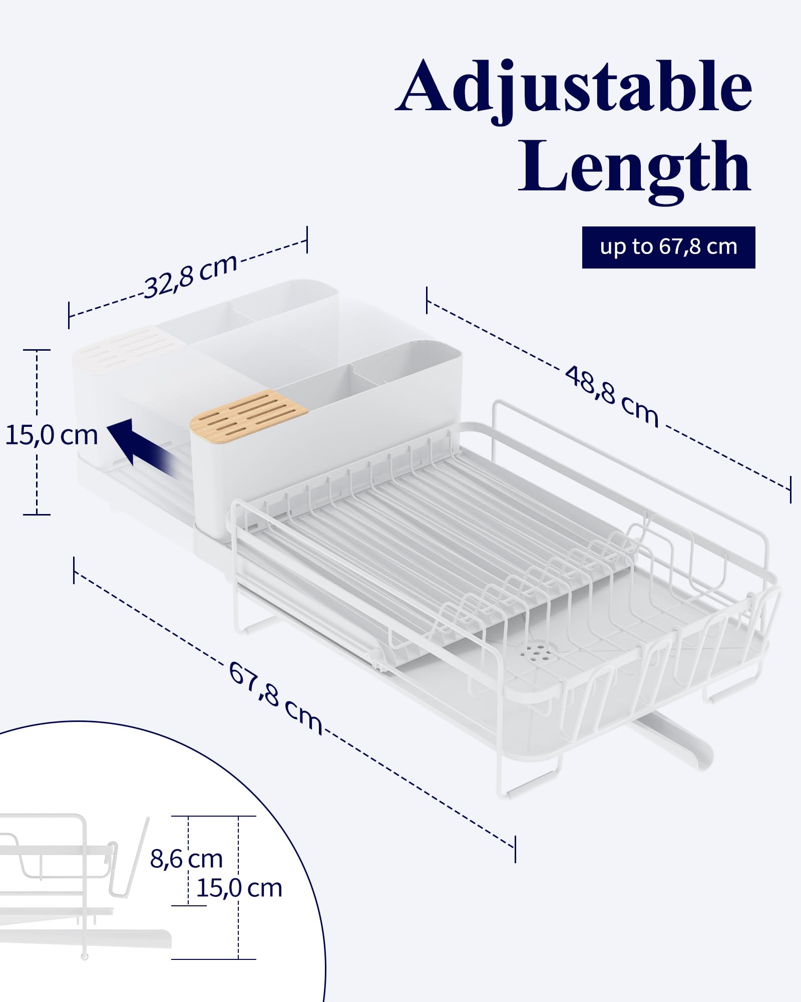 Kitsure Large Dish Drying Rack - Extendable Stainless Steel, Anti-Rust Kitchen Counter Rack with Cutlery & Cup Holders, 67.8 x 32.8 x 15.0cm, Black