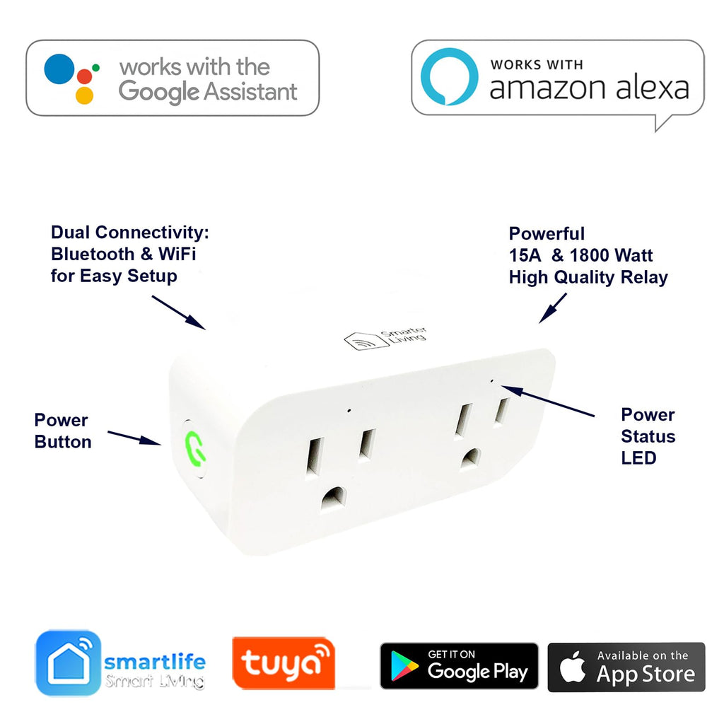 Smarter Living - Dual Socket WiFi Smart Plug (2 Pack), Voice Control with Alexa & Google Home, Works with Smart Life and Tuya, 15amp 1800 Watts, No Hub Required, Supports All WiFi Networks
