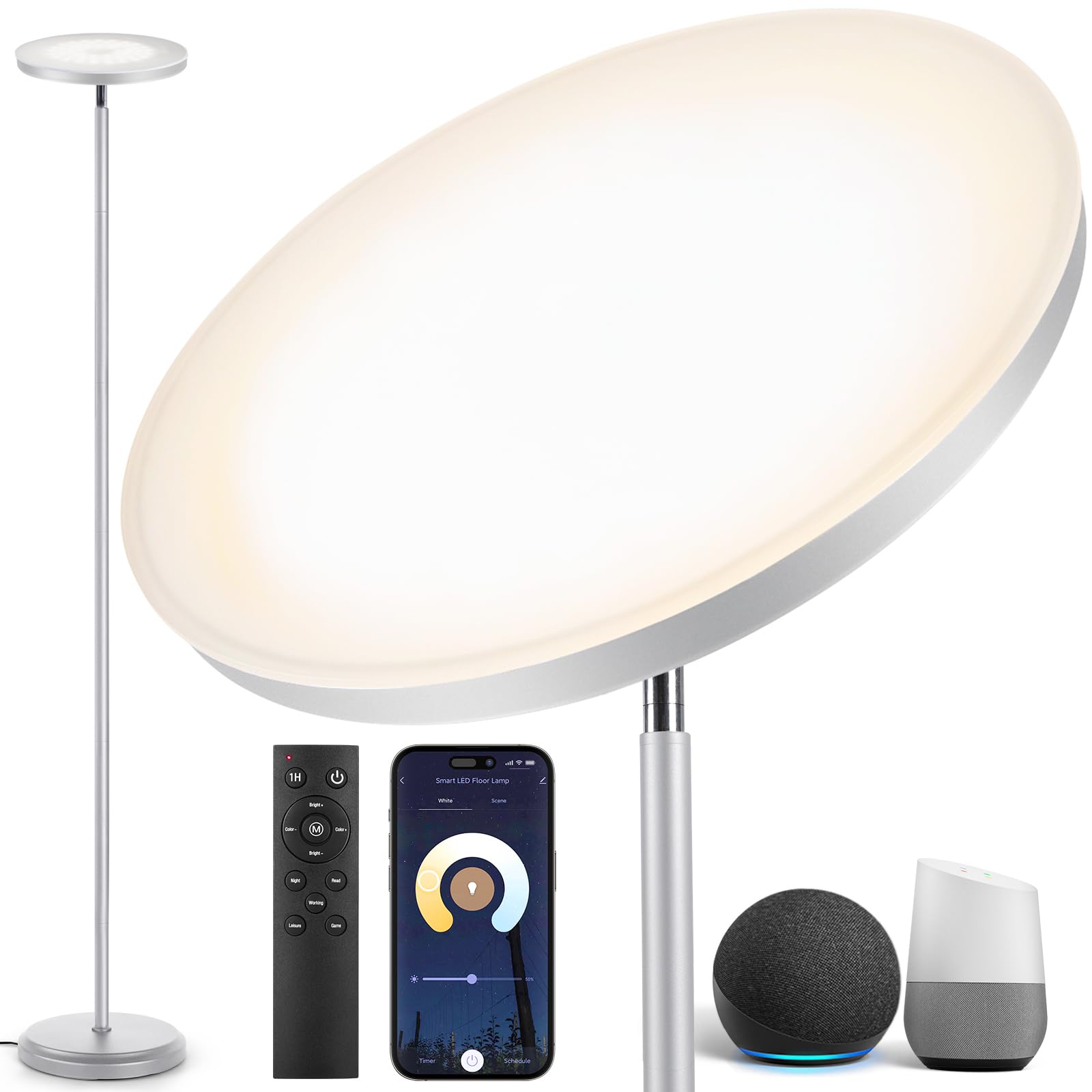 OUTON Smart LED Floor Lamp, 30W/3000LM Dimmable Bright Torchiere Sky Lamp Works with Alexa Google Home, WiFi Remote, Tall Standing Lamp with 4 Color Temperature for Living Room Bedroom Office