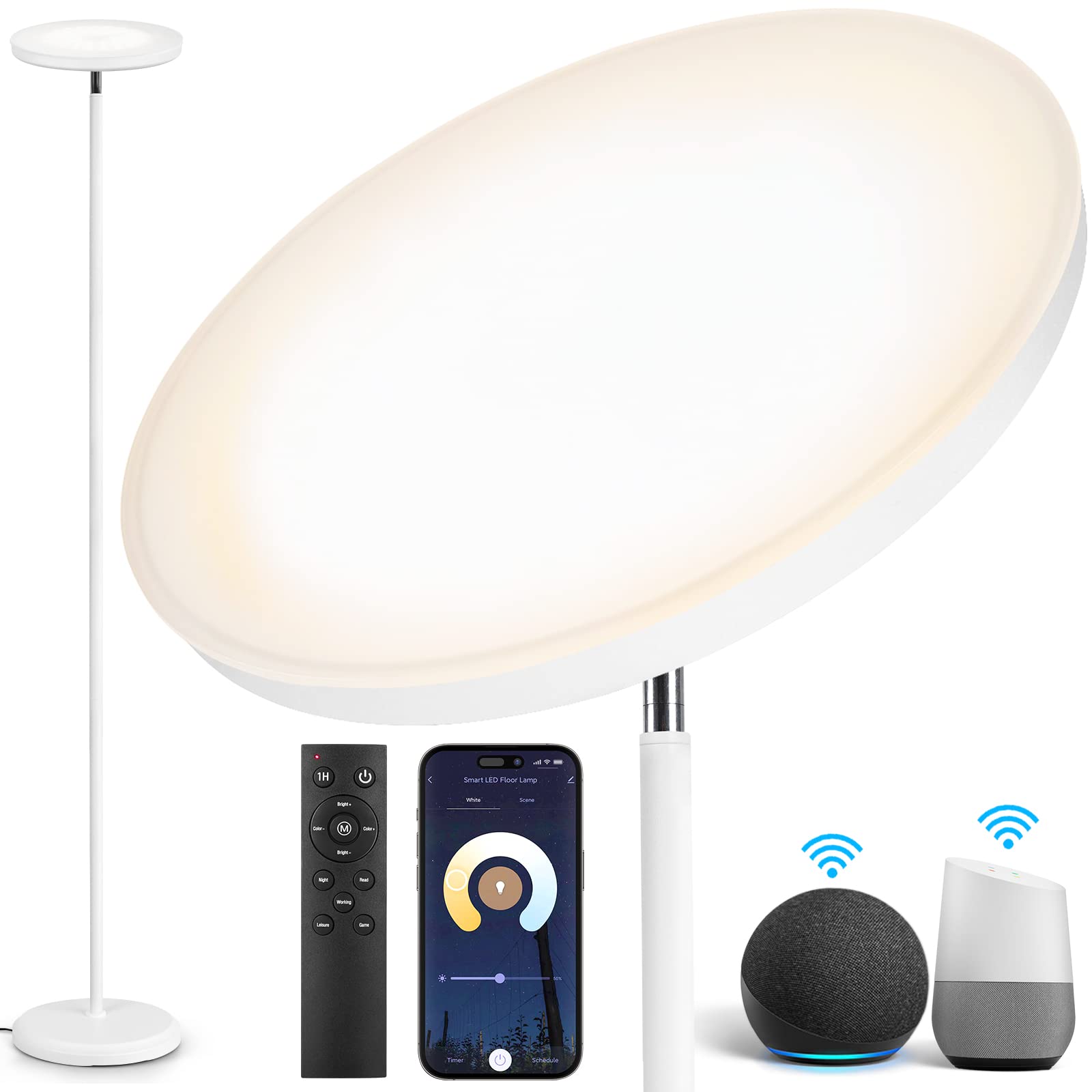 OUTON Smart LED Floor Lamp, 30W/3000LM Dimmable Bright Torchiere Sky Lamp Works with Alexa Google Home, WiFi Remote, Tall Standing Lamp with 4 Color Temperature for Living Room Bedroom Office