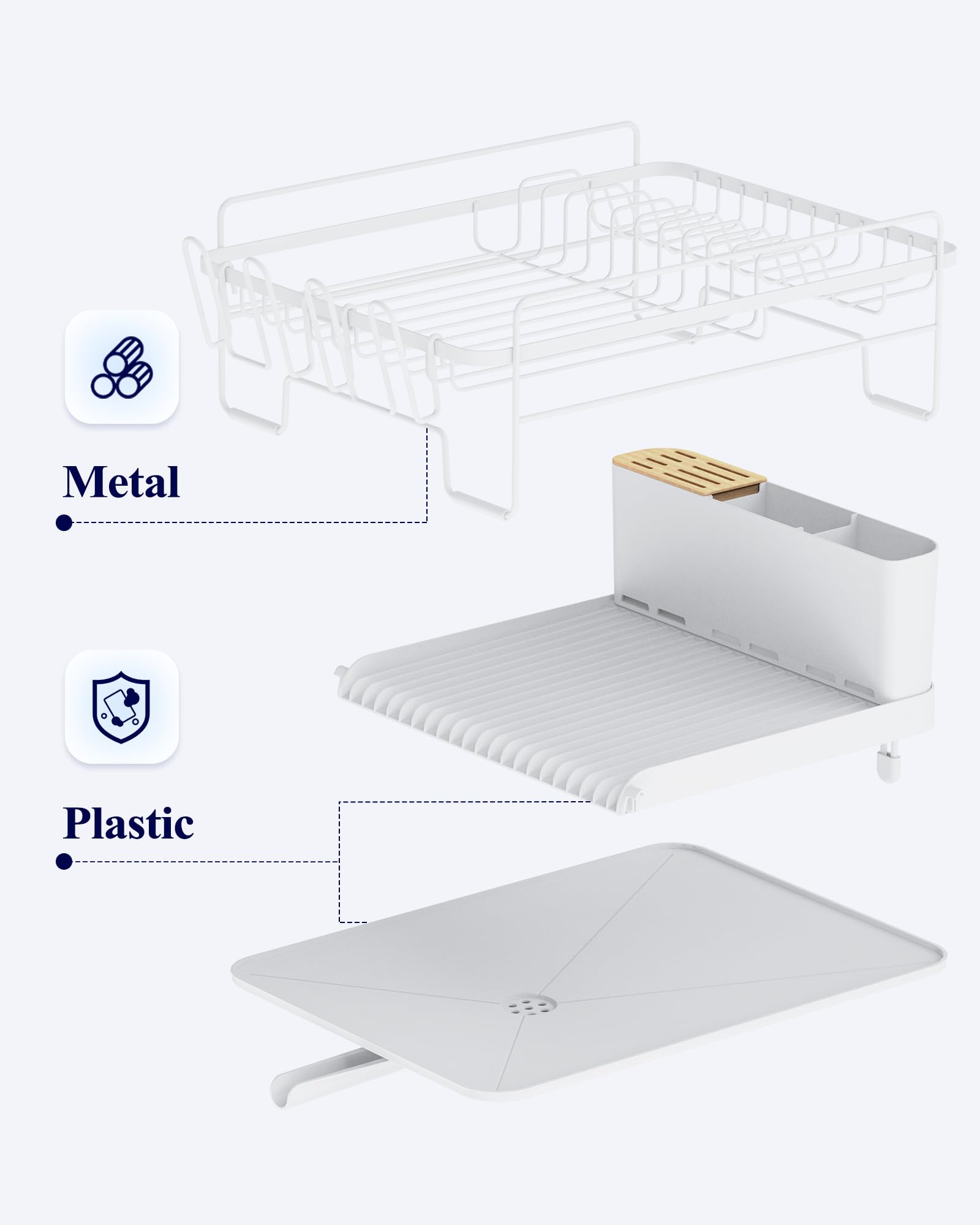 Kitsure Large Dish Drying Rack - Extendable Stainless Steel, Anti-Rust Kitchen Counter Rack with Cutlery & Cup Holders, 67.8 x 32.8 x 15.0cm, Black