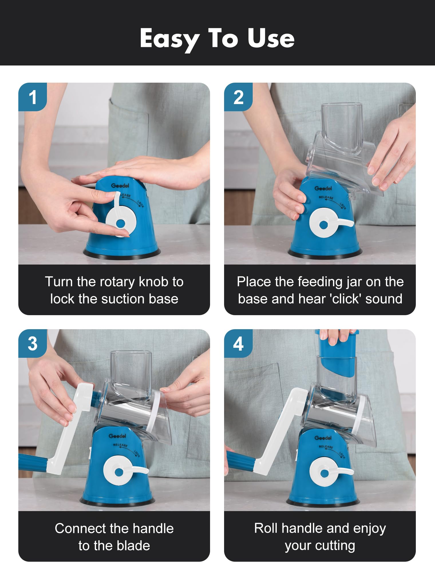 Geedel Rotary Cheese Grater, Mandoline Vegetable Slicer with 5 Interchangeable Blades, Easy to Use Rotary Grater Slicer for Fruit, Vegetables, Nuts