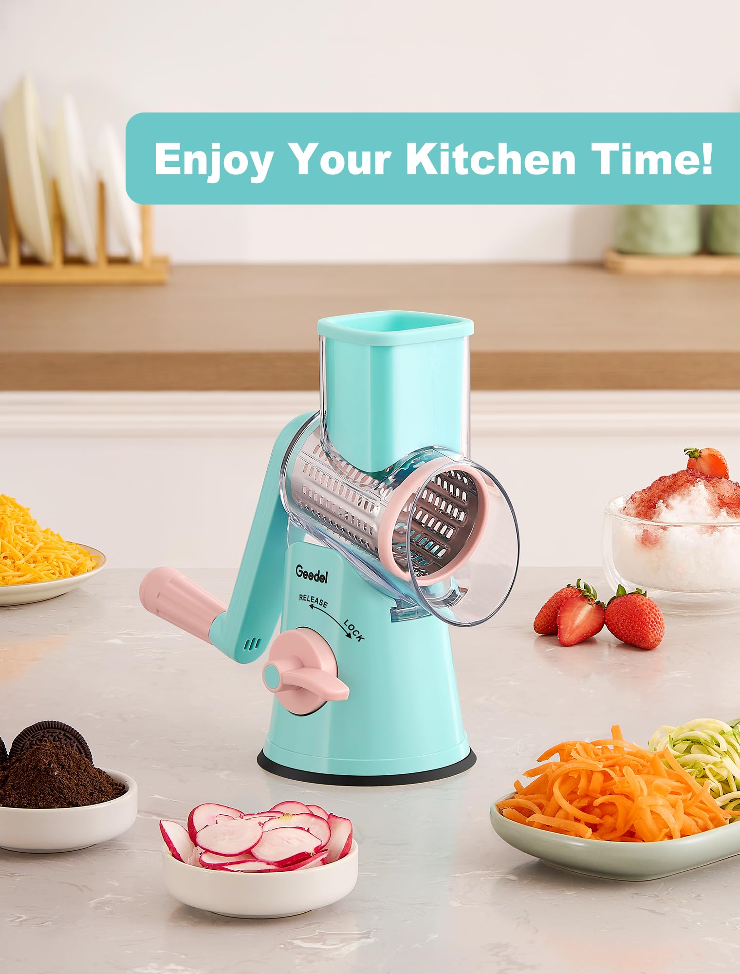 Geedel Rotary Cheese Grater, Mandoline Vegetable Slicer with 5 Interchangeable Blades, Easy to Use Rotary Grater Slicer for Fruit, Vegetables, Nuts