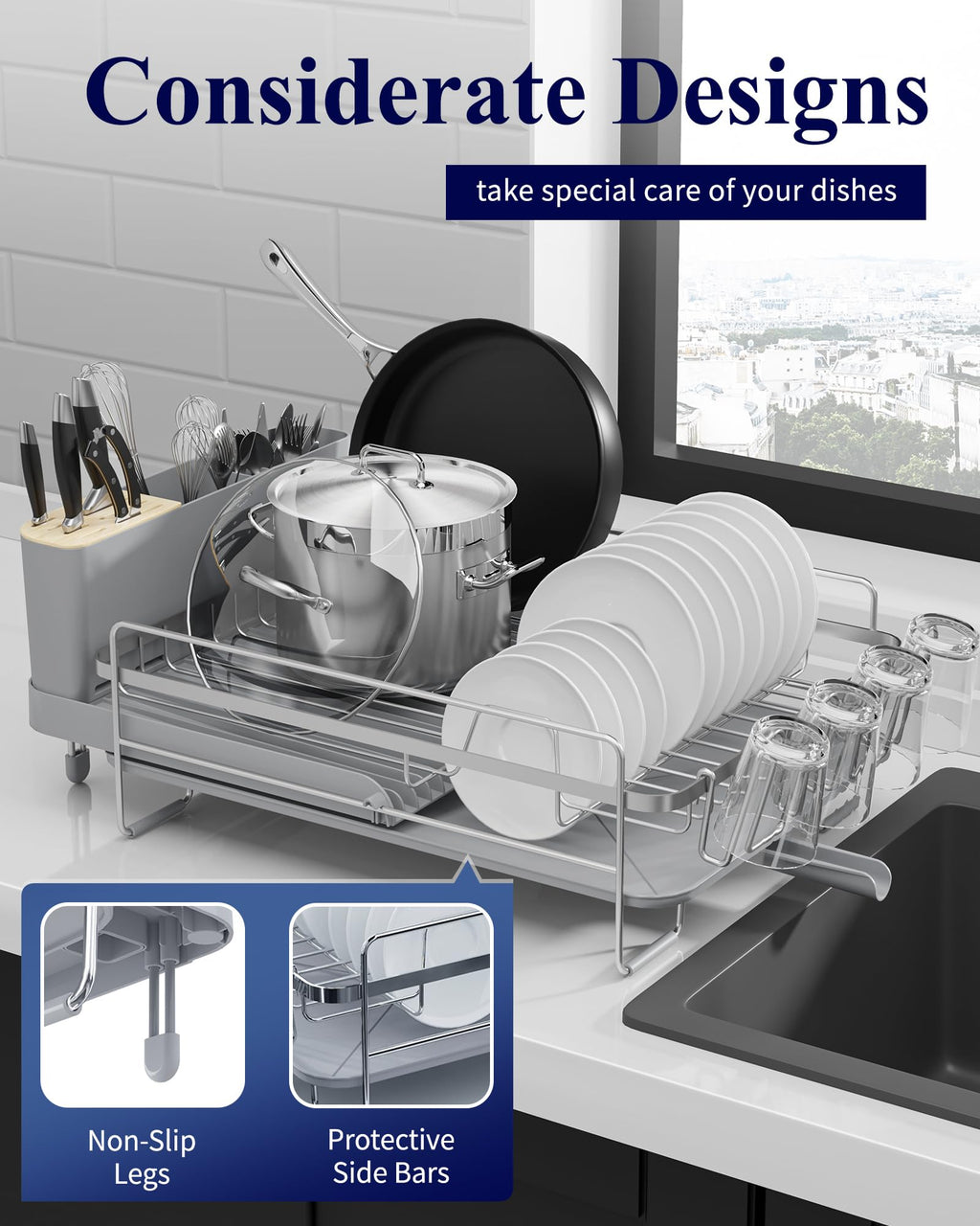 Kitsure Large Dish Drying Rack - Extendable Stainless Steel, Anti-Rust Kitchen Counter Rack with Cutlery & Cup Holders, 67.8 x 32.8 x 15.0cm, Black