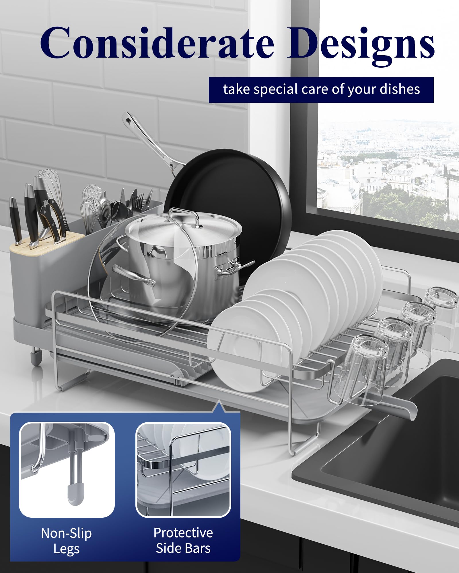 Kitsure Large Dish Drying Rack - Extendable Stainless Steel, Anti-Rust Kitchen Counter Rack with Cutlery & Cup Holders, 67.8 x 32.8 x 15.0cm, Black