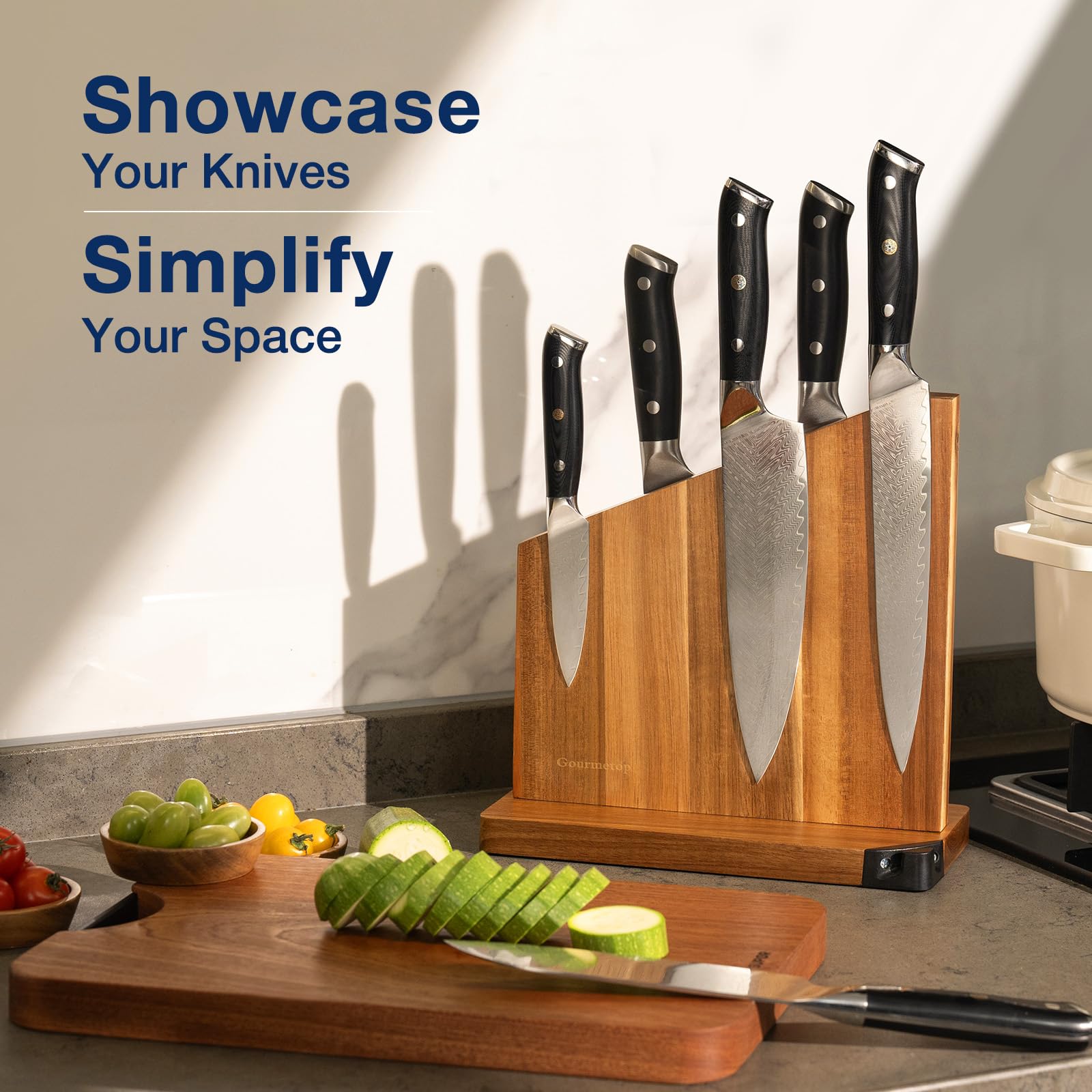 Magnetic Knife Block, Magnetic Knife Holder with Built-in Sharpener, 100% Acacia Wood Magnetic Knife Block Without Knives, Double-Sided Magnetic Knife Holder for Countertop, Dark Wood