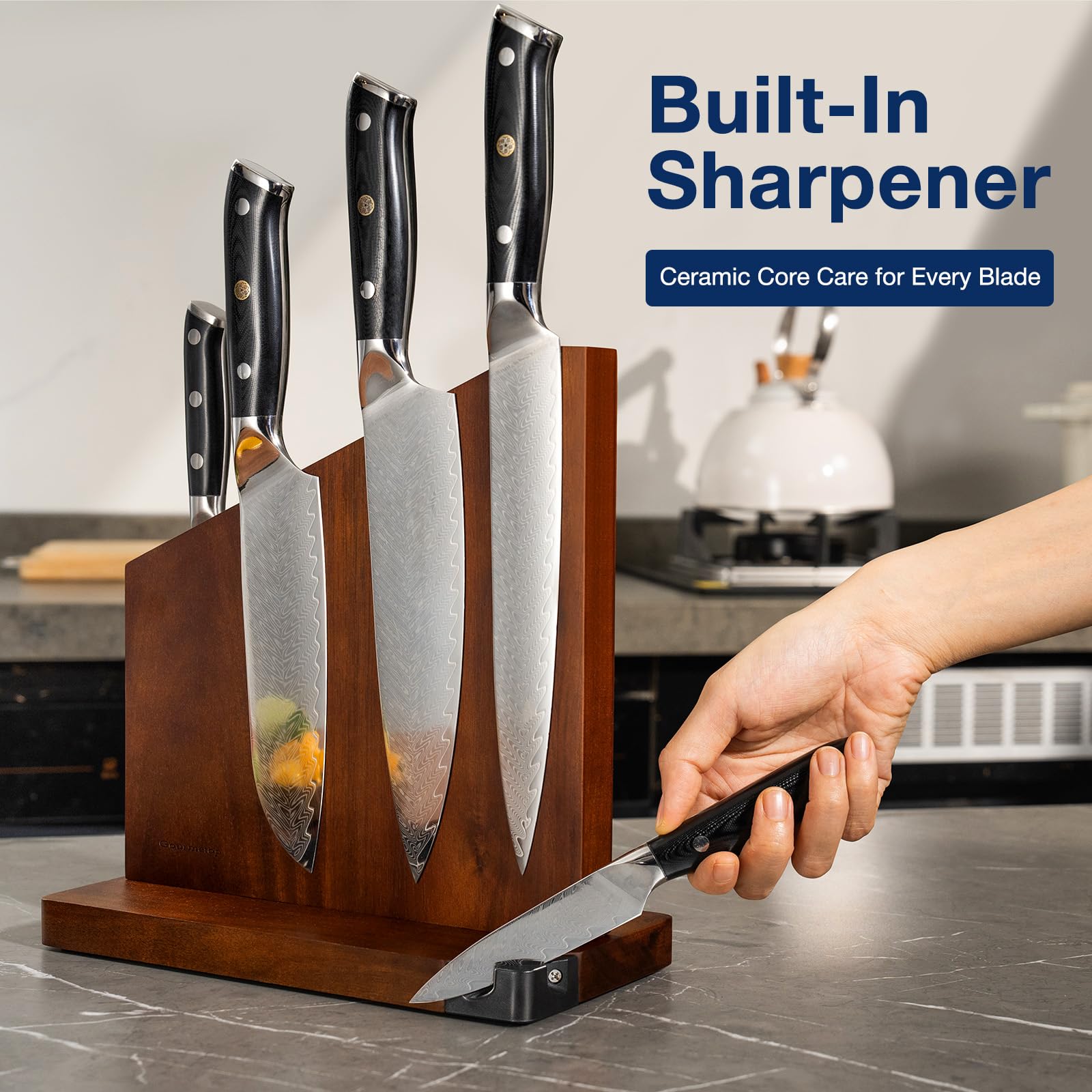 Magnetic Knife Block, Magnetic Knife Holder with Built-in Sharpener, 100% Acacia Wood Magnetic Knife Block Without Knives, Double-Sided Magnetic Knife Holder for Countertop, Dark Wood