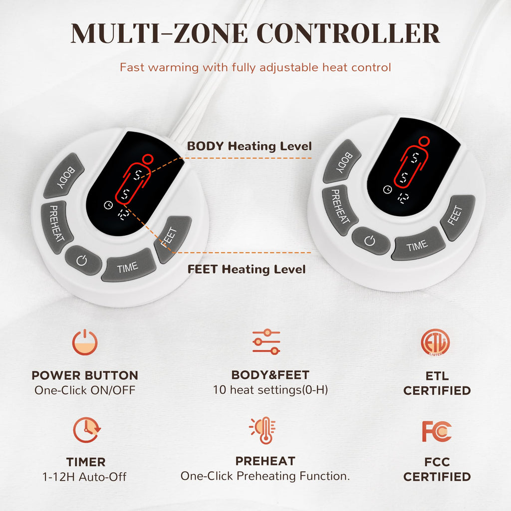 Gotcozy Heated Mattress Pad King Size Dual Control - Electric Mattress Pad Fit up to 15‘’ with 6 Heat Setting & 10 Hour Auto Off ETL Certified Machine Washable(White)