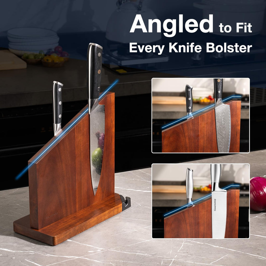 Magnetic Knife Block, Magnetic Knife Holder with Built-in Sharpener, 100% Acacia Wood Magnetic Knife Block Without Knives, Double-Sided Magnetic Knife Holder for Countertop, Dark Wood