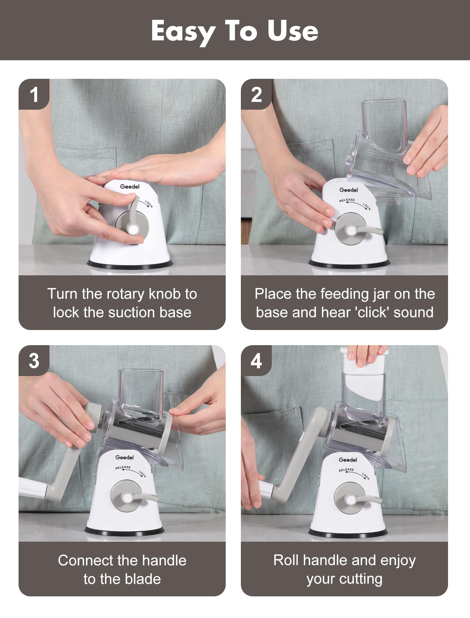 Geedel Rotary Cheese Grater, Mandoline Vegetable Slicer with 5 Interchangeable Blades, Easy to Use Rotary Grater Slicer for Fruit, Vegetables, Nuts