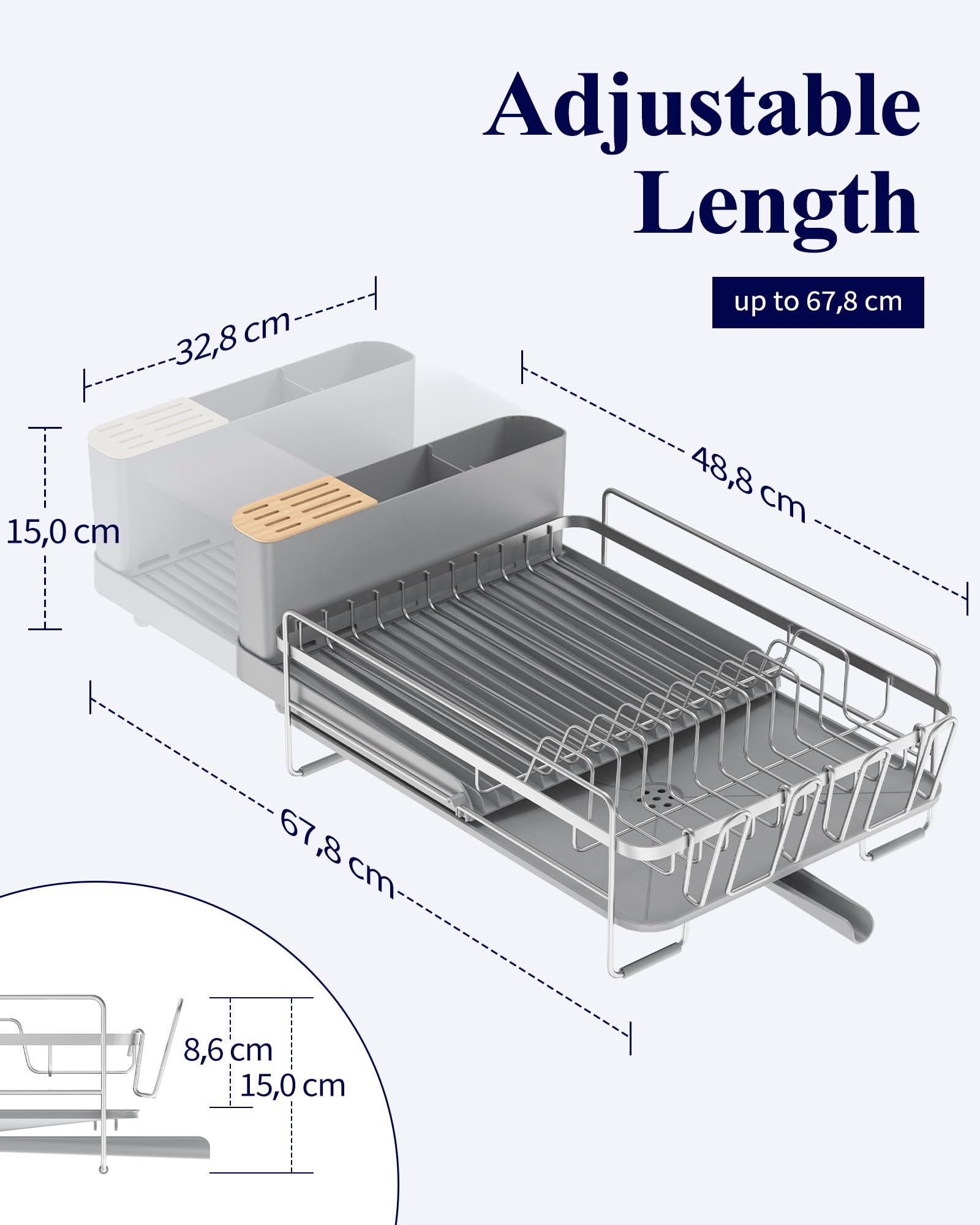 Kitsure Large Dish Drying Rack - Extendable Stainless Steel, Anti-Rust Kitchen Counter Rack with Cutlery & Cup Holders, 67.8 x 32.8 x 15.0cm, Black