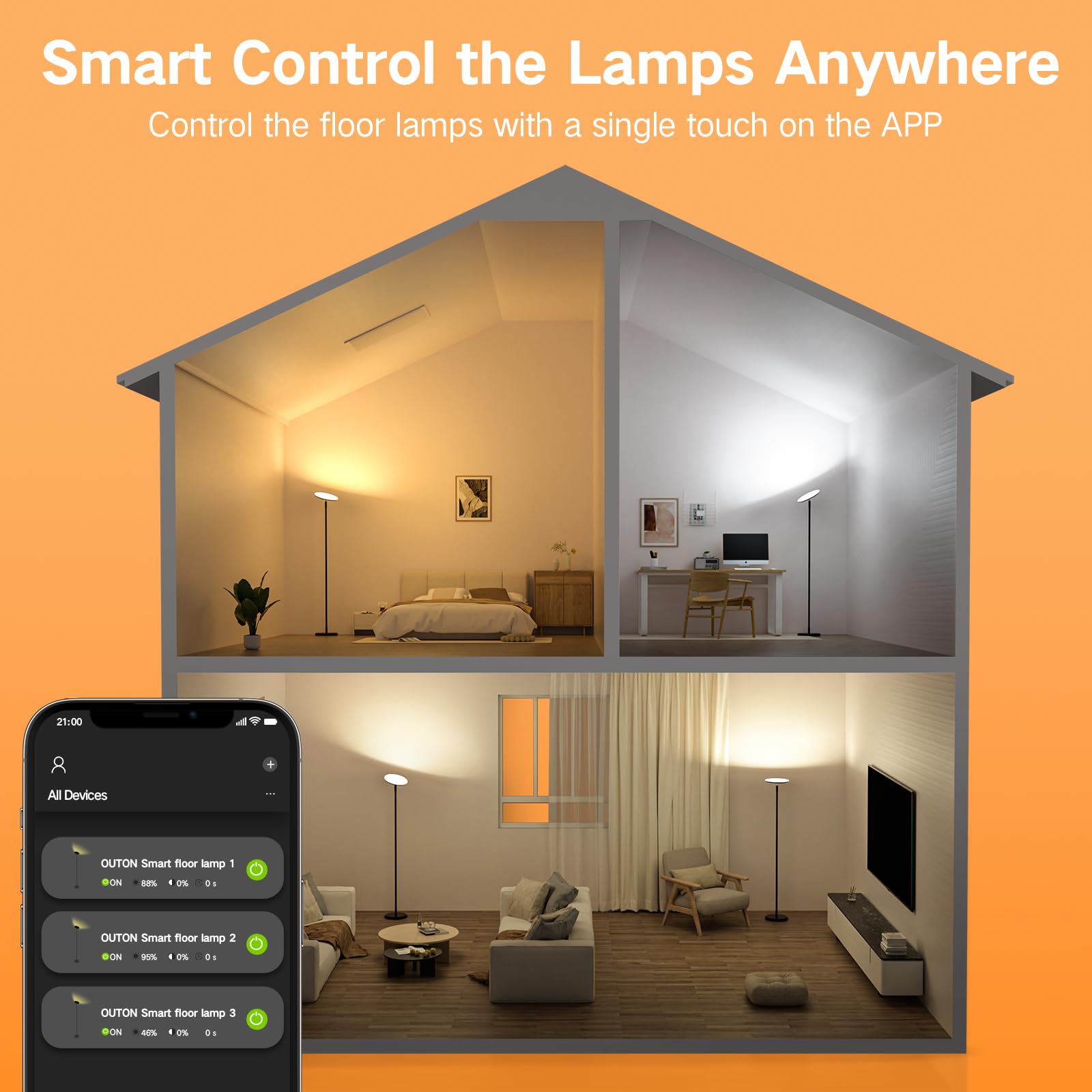 OUTON Smart LED Floor Lamp, 30W/3000LM Dimmable Bright Torchiere Sky Lamp Works with Alexa Google Home, WiFi Remote, Tall Standing Lamp with 4 Color Temperature for Living Room Bedroom Office