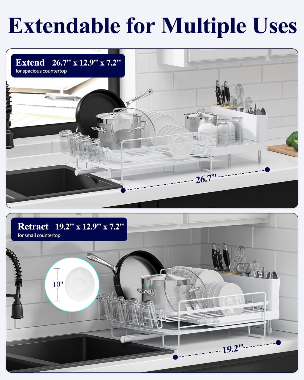 Kitsure Large Dish Drying Rack - Extendable Stainless Steel, Anti-Rust Kitchen Counter Rack with Cutlery & Cup Holders, 67.8 x 32.8 x 15.0cm, Black