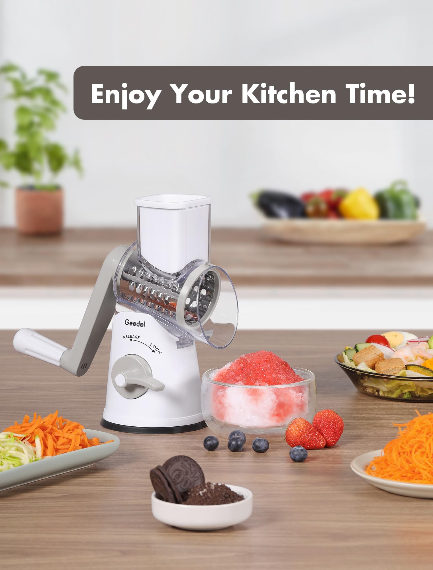 Geedel Rotary Cheese Grater, Mandoline Vegetable Slicer with 5 Interchangeable Blades, Easy to Use Rotary Grater Slicer for Fruit, Vegetables, Nuts