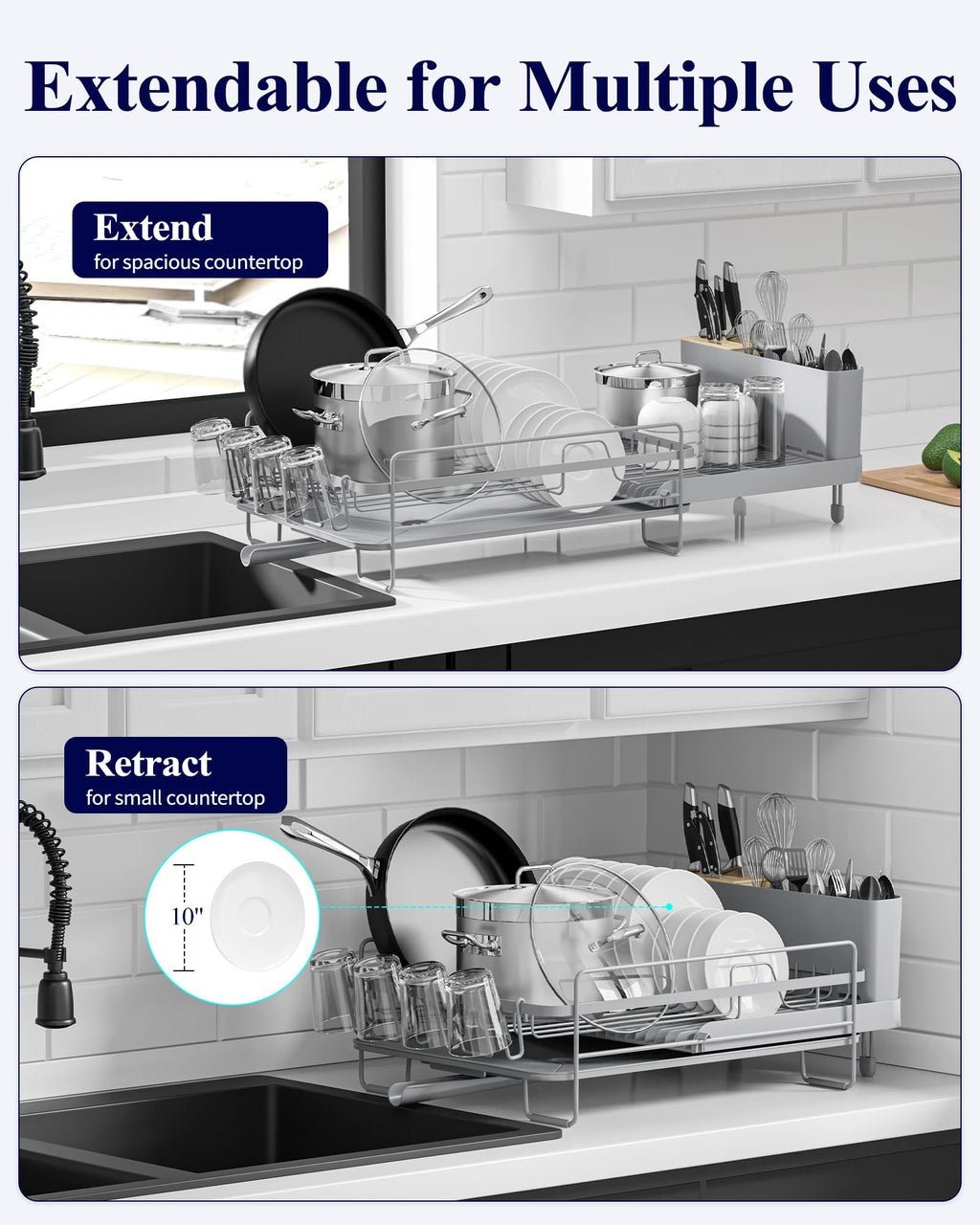 Kitsure Large Dish Drying Rack - Extendable Stainless Steel, Anti-Rust Kitchen Counter Rack with Cutlery & Cup Holders, 67.8 x 32.8 x 15.0cm, Black