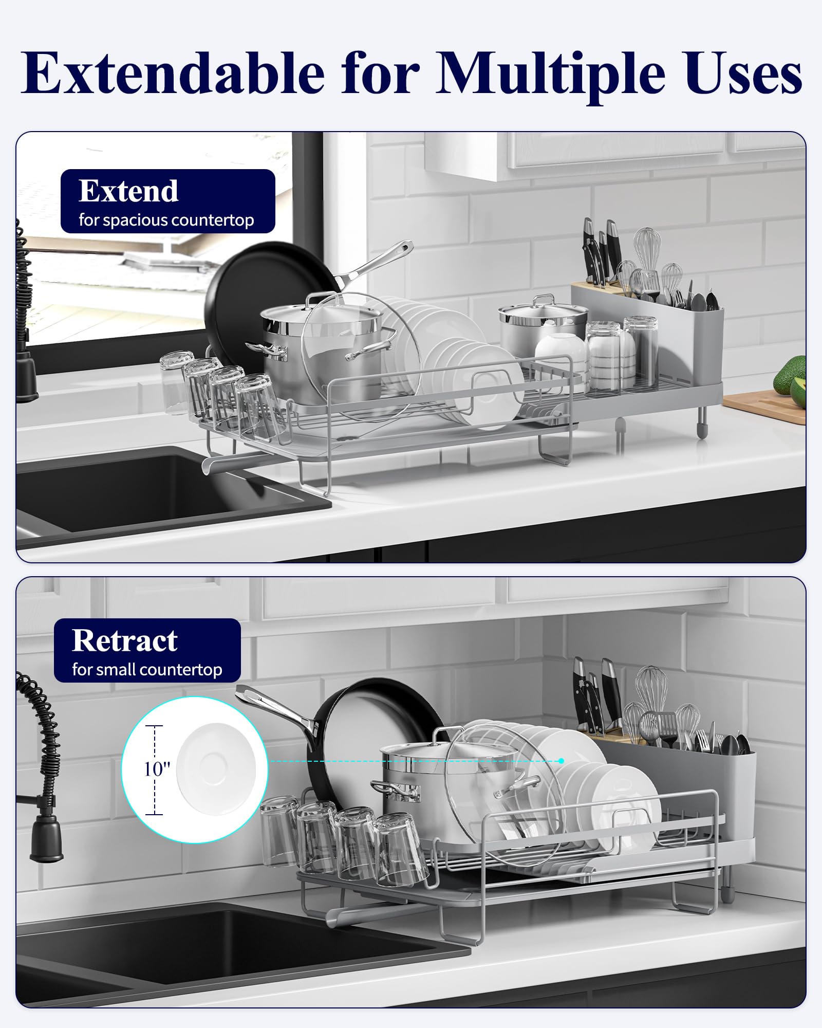 Kitsure Large Dish Drying Rack - Extendable Stainless Steel, Anti-Rust Kitchen Counter Rack with Cutlery & Cup Holders, 67.8 x 32.8 x 15.0cm, Black