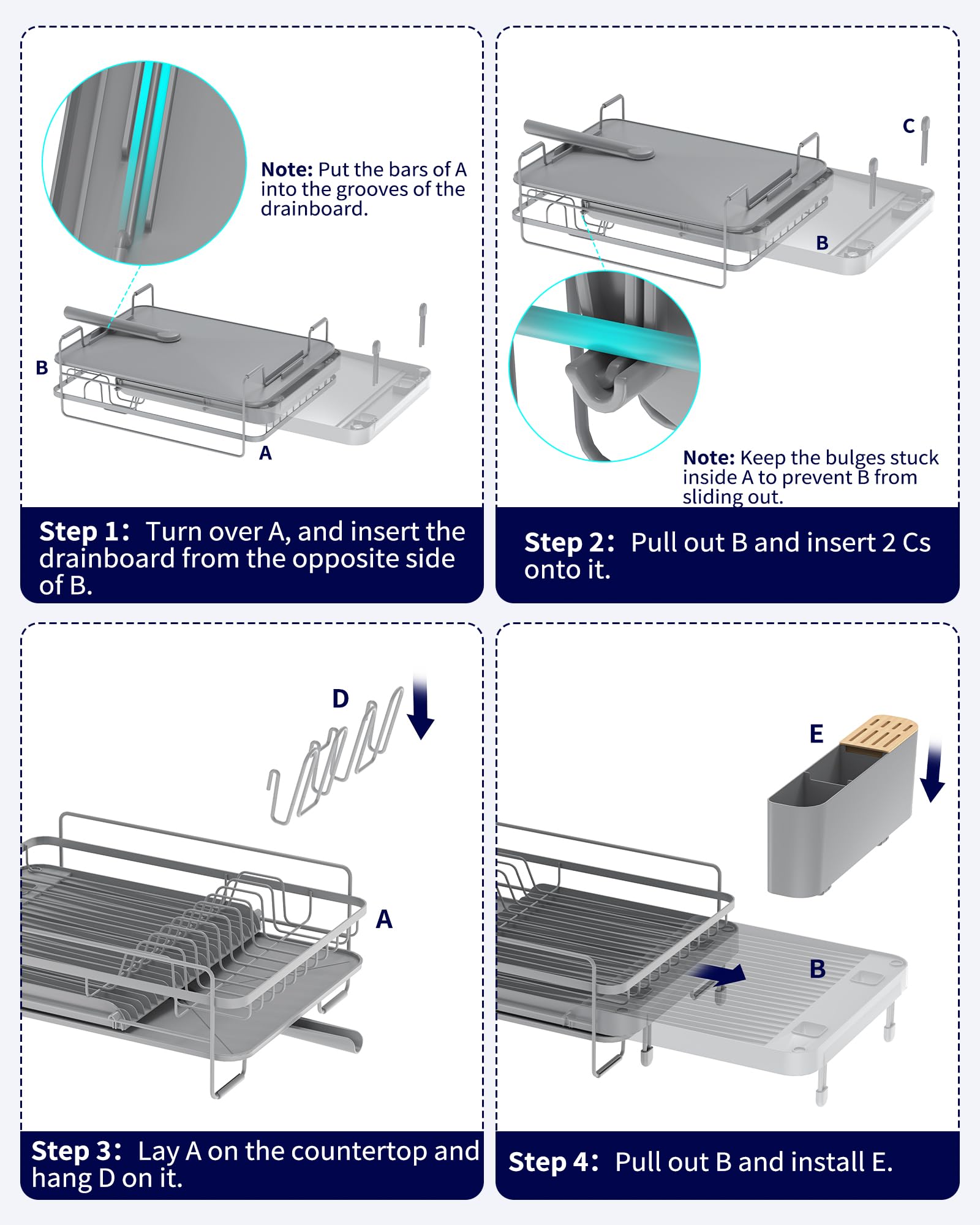 Kitsure Large Dish Drying Rack - Extendable Stainless Steel, Anti-Rust Kitchen Counter Rack with Cutlery & Cup Holders, 67.8 x 32.8 x 15.0cm, Black