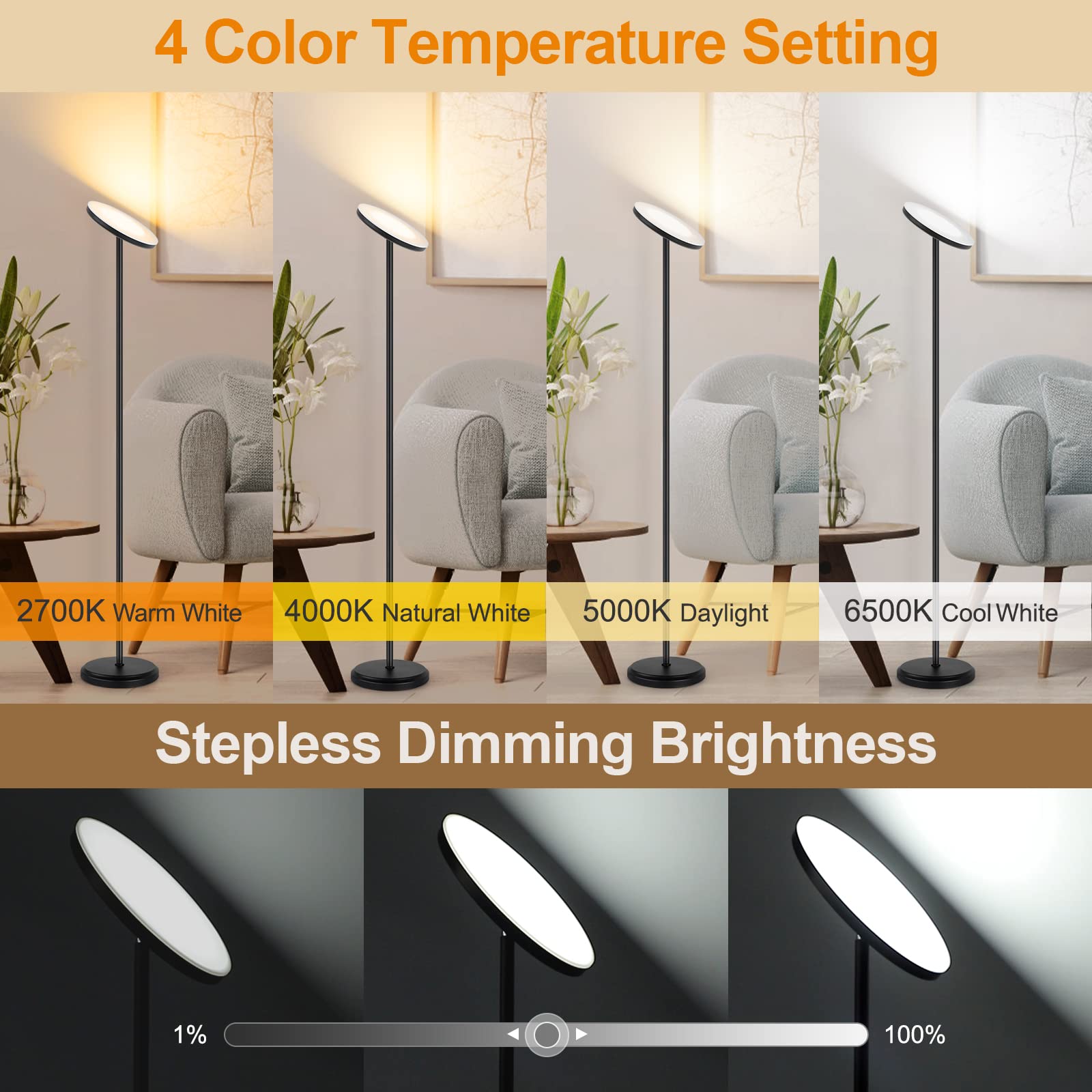 OUTON Smart LED Floor Lamp, 30W/3000LM Dimmable Bright Torchiere Sky Lamp Works with Alexa Google Home, WiFi Remote, Tall Standing Lamp with 4 Color Temperature for Living Room Bedroom Office