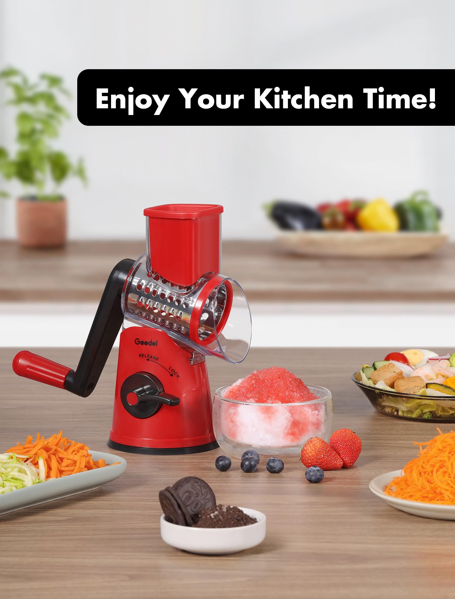 Geedel Rotary Cheese Grater, Mandoline Vegetable Slicer with 5 Interchangeable Blades, Easy to Use Rotary Grater Slicer for Fruit, Vegetables, Nuts