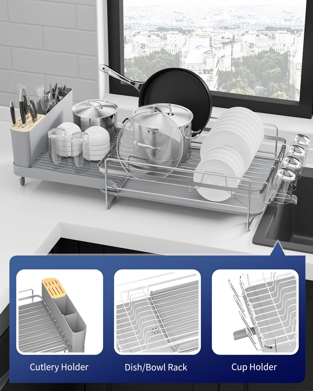 Kitsure Large Dish Drying Rack - Extendable Stainless Steel, Anti-Rust Kitchen Counter Rack with Cutlery & Cup Holders, 67.8 x 32.8 x 15.0cm, Black
