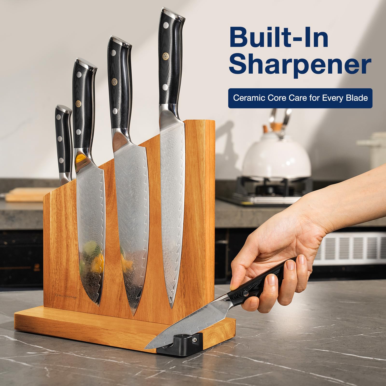 Magnetic Knife Block, Magnetic Knife Holder with Built-in Sharpener, 100% Acacia Wood Magnetic Knife Block Without Knives, Double-Sided Magnetic Knife Holder for Countertop, Dark Wood