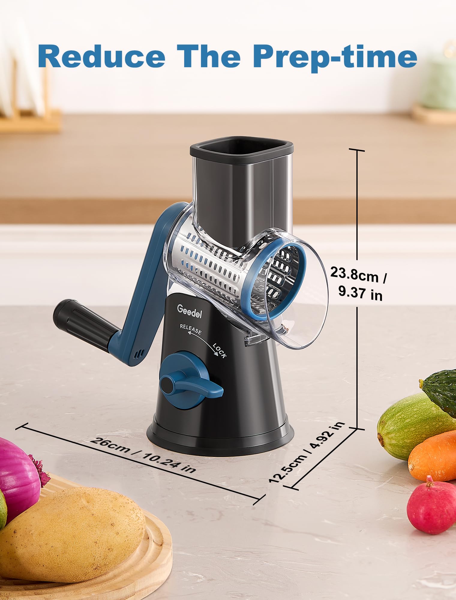 Geedel Rotary Cheese Grater, Mandoline Vegetable Slicer with 5 Interchangeable Blades, Easy to Use Rotary Grater Slicer for Fruit, Vegetables, Nuts