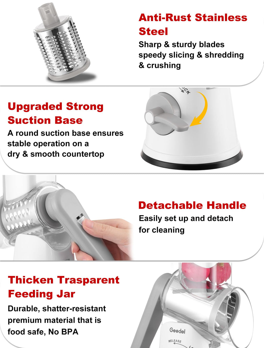 Geedel Rotary Cheese Grater, Mandoline Vegetable Slicer with 5 Interchangeable Blades, Easy to Use Rotary Grater Slicer for Fruit, Vegetables, Nuts