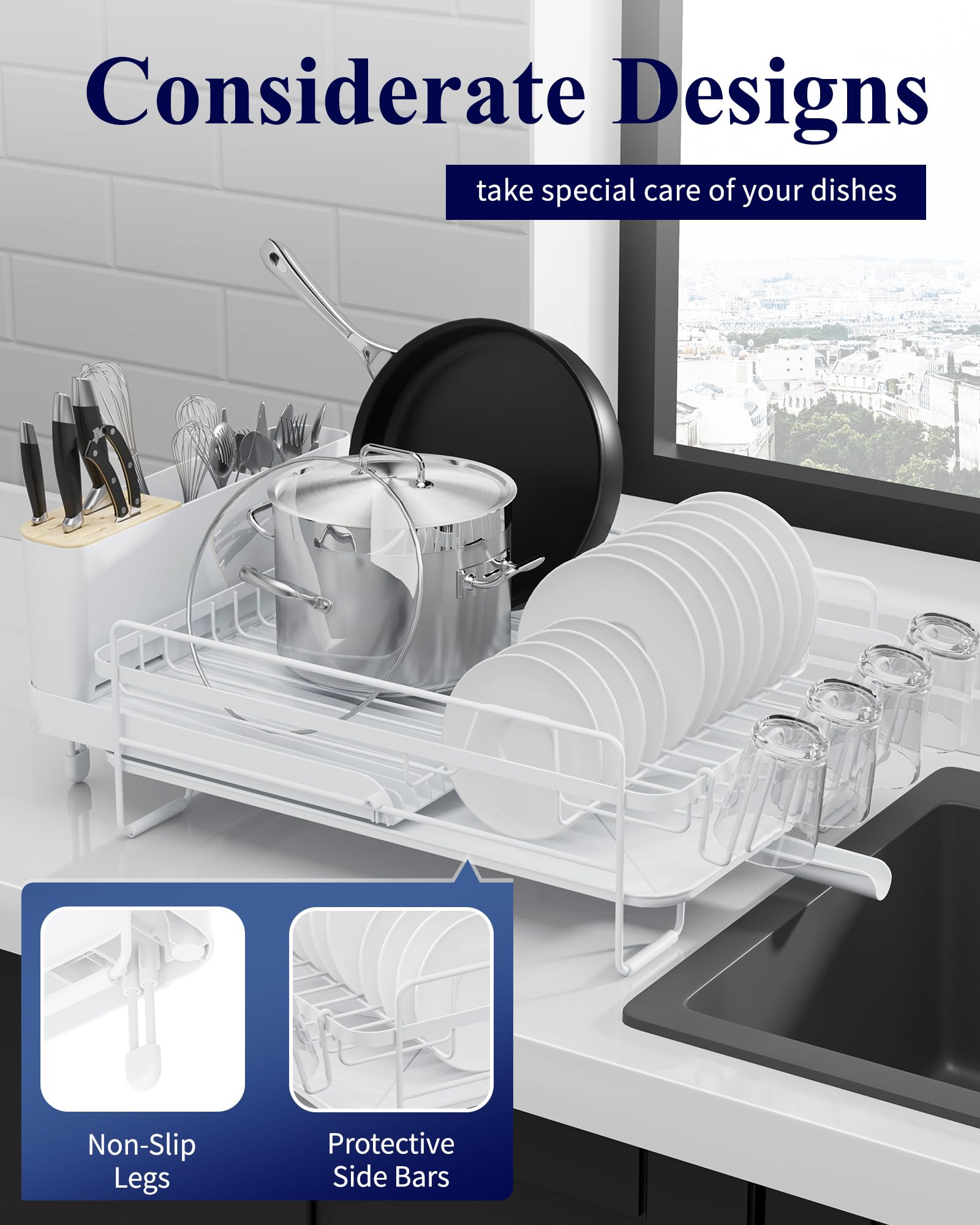 Kitsure Large Dish Drying Rack - Extendable Stainless Steel, Anti-Rust Kitchen Counter Rack with Cutlery & Cup Holders, 67.8 x 32.8 x 15.0cm, Black