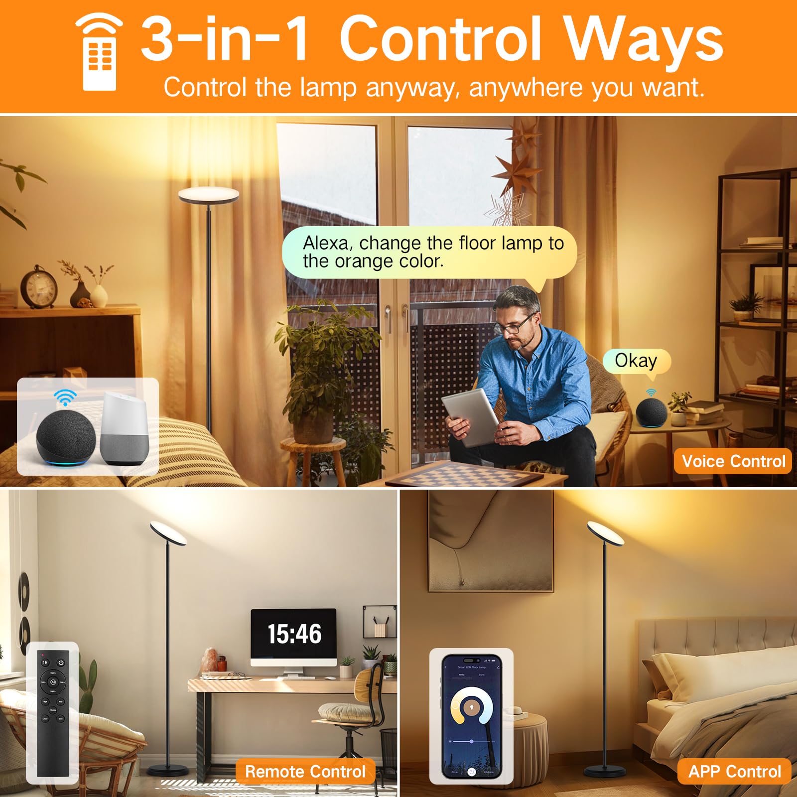 OUTON Smart LED Floor Lamp, 30W/3000LM Dimmable Bright Torchiere Sky Lamp Works with Alexa Google Home, WiFi Remote, Tall Standing Lamp with 4 Color Temperature for Living Room Bedroom Office