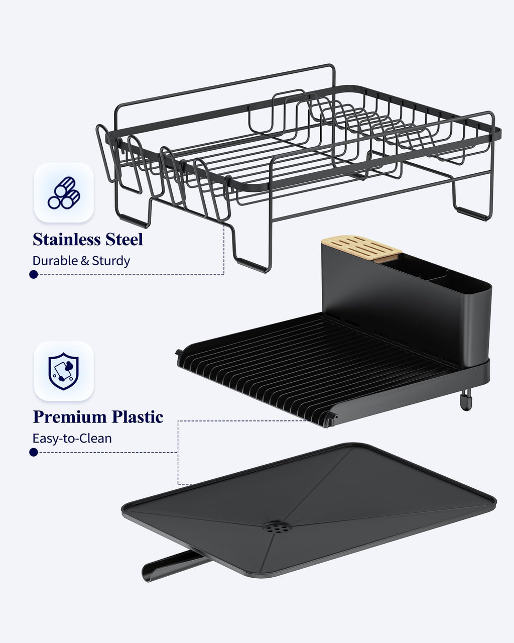 Kitsure Large Dish Drying Rack - Extendable Stainless Steel, Anti-Rust Kitchen Counter Rack with Cutlery & Cup Holders, 67.8 x 32.8 x 15.0cm, Black