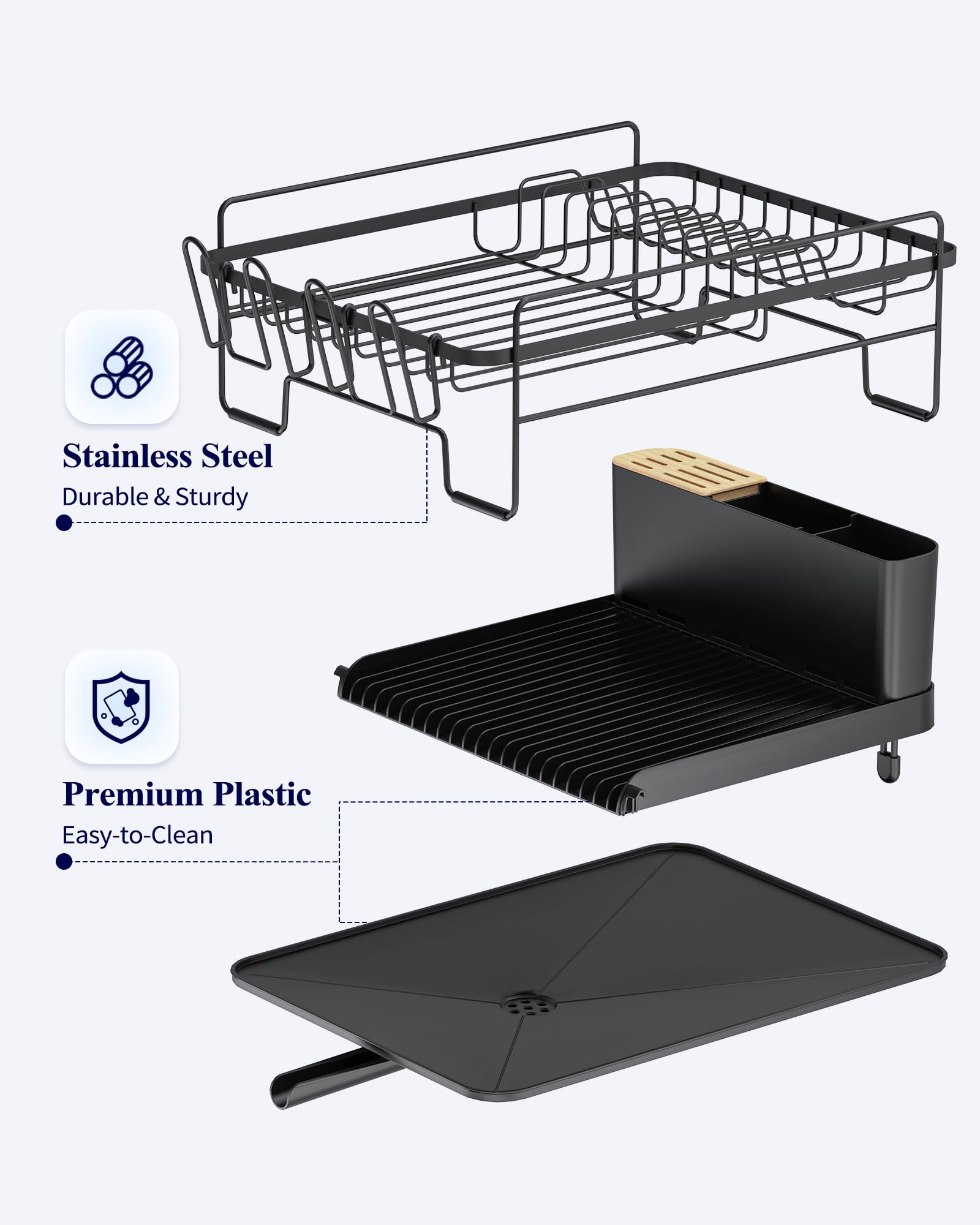 Kitsure Large Dish Drying Rack - Extendable Stainless Steel, Anti-Rust Kitchen Counter Rack with Cutlery & Cup Holders, 67.8 x 32.8 x 15.0cm, Black