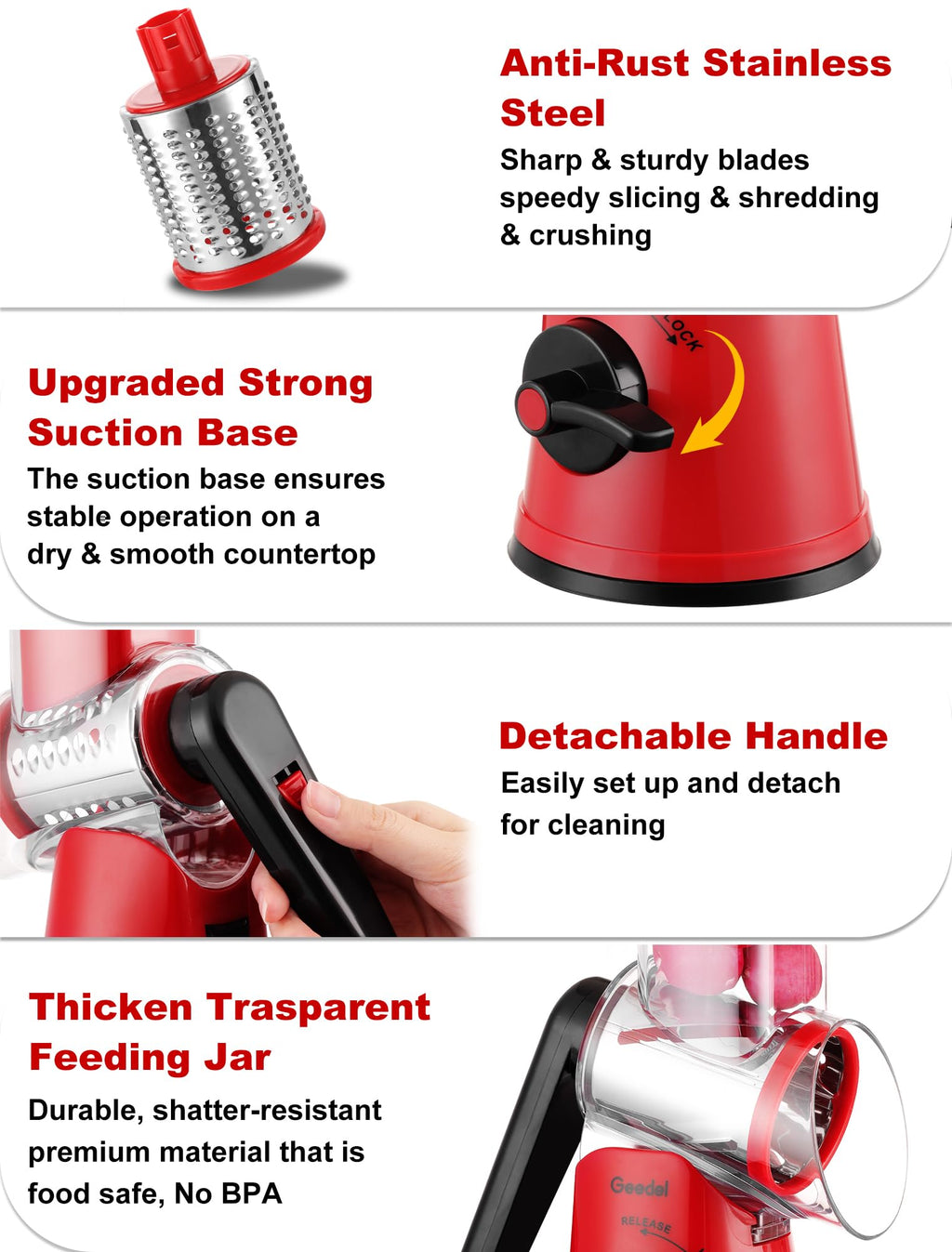 Geedel Rotary Cheese Grater, Mandoline Vegetable Slicer with 5 Interchangeable Blades, Easy to Use Rotary Grater Slicer for Fruit, Vegetables, Nuts