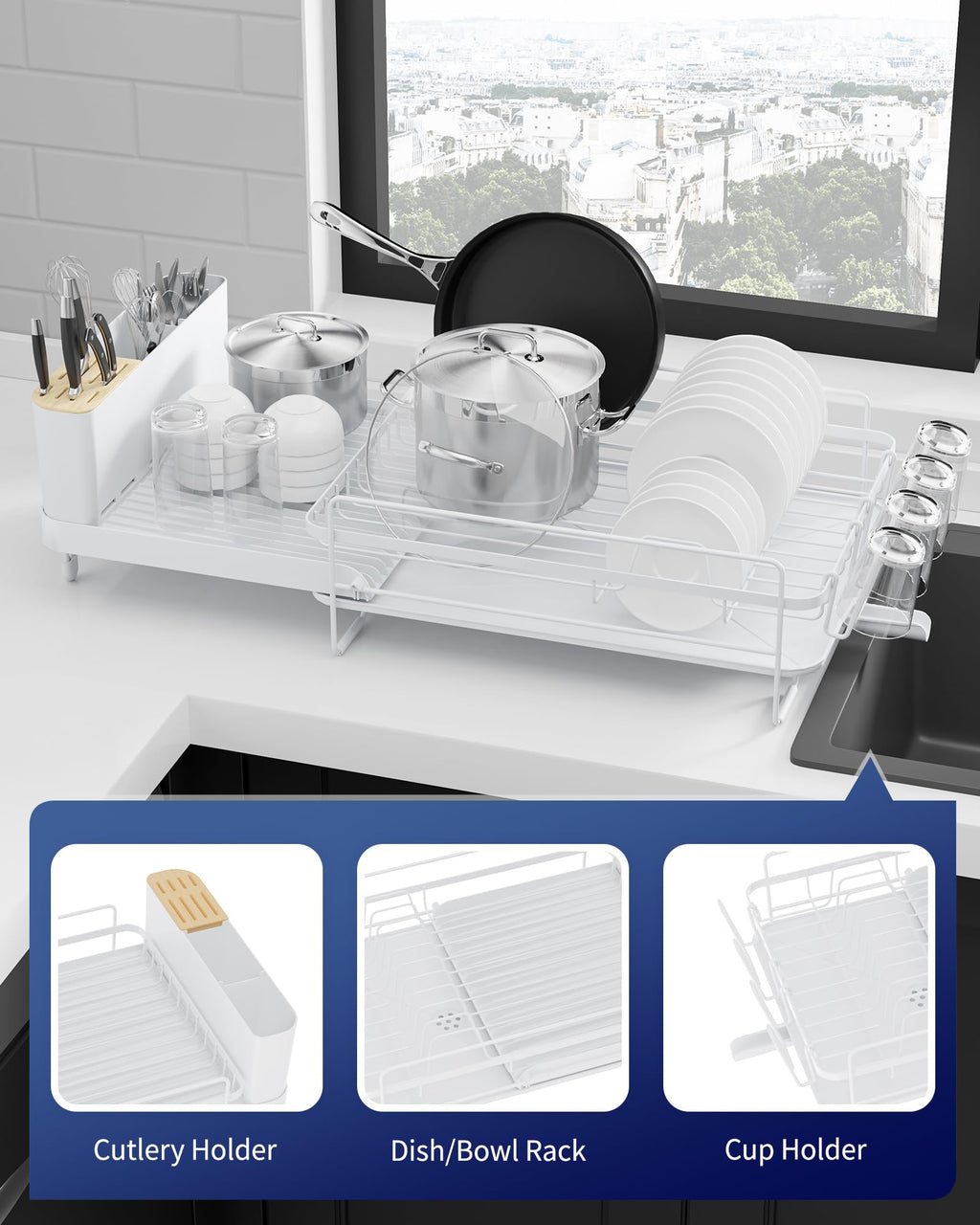 Kitsure Large Dish Drying Rack - Extendable Stainless Steel, Anti-Rust Kitchen Counter Rack with Cutlery & Cup Holders, 67.8 x 32.8 x 15.0cm, Black
