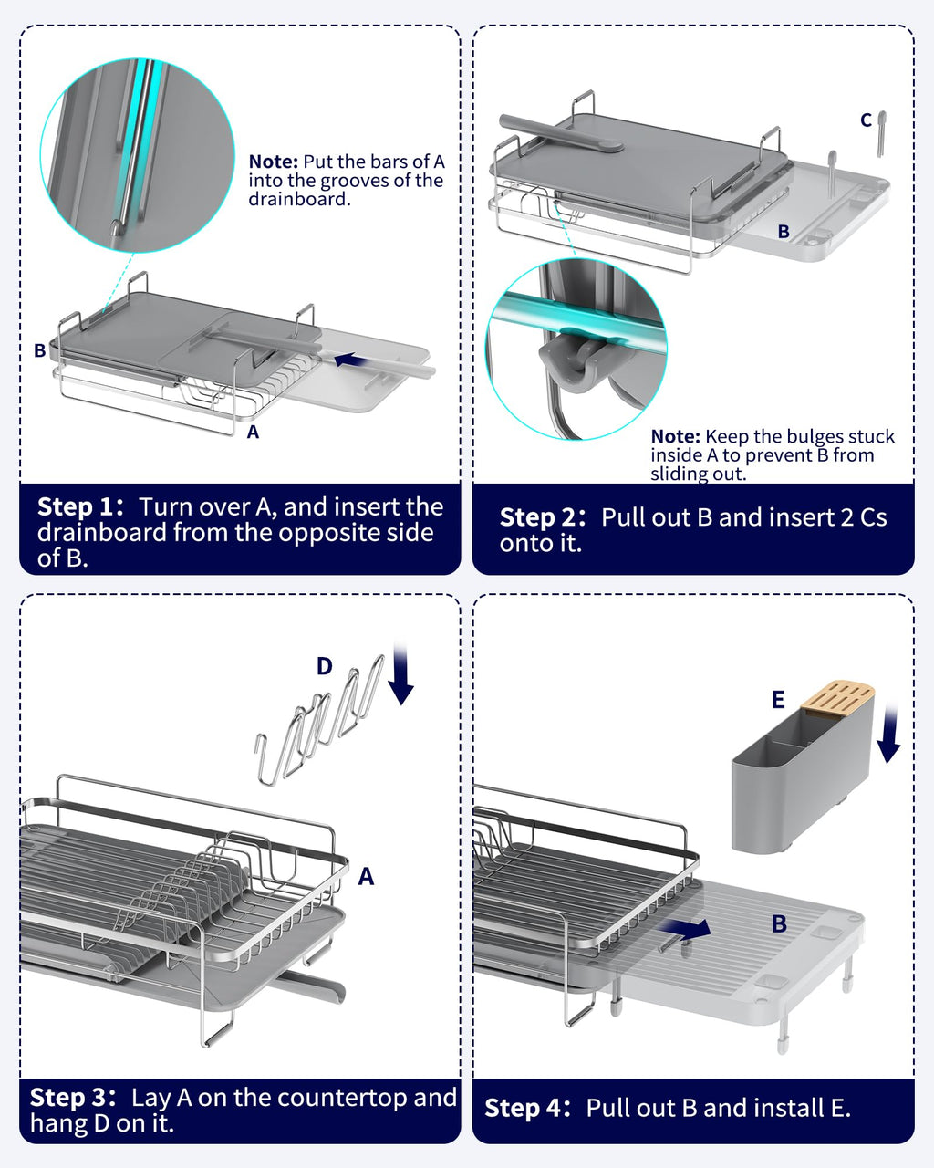 Kitsure Large Dish Drying Rack - Extendable Stainless Steel, Anti-Rust Kitchen Counter Rack with Cutlery & Cup Holders, 67.8 x 32.8 x 15.0cm, Black