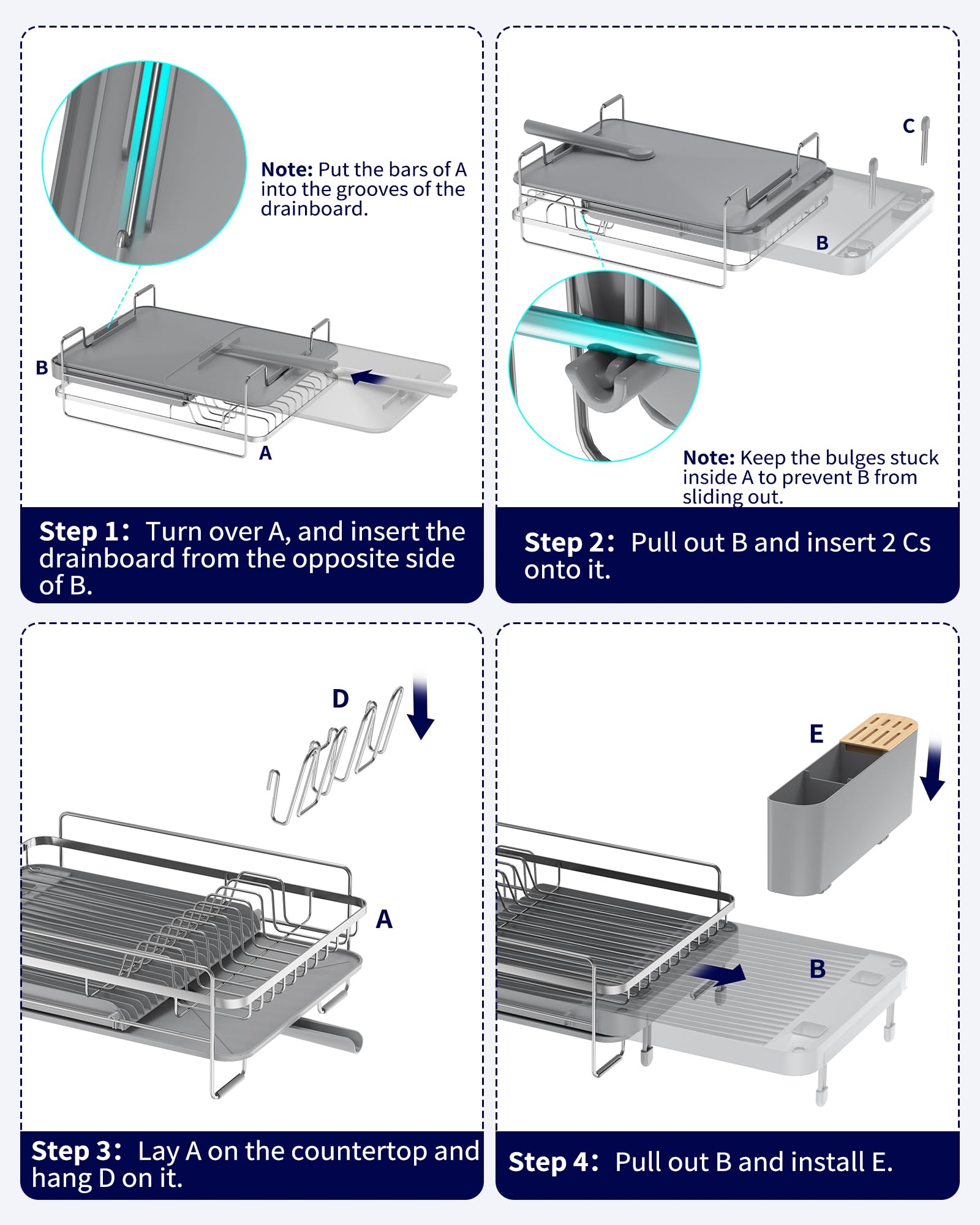 Kitsure Large Dish Drying Rack - Extendable Stainless Steel, Anti-Rust Kitchen Counter Rack with Cutlery & Cup Holders, 67.8 x 32.8 x 15.0cm, Black