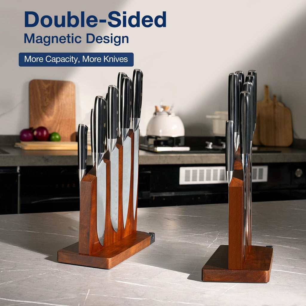 Magnetic Knife Block, Magnetic Knife Holder with Built-in Sharpener, 100% Acacia Wood Magnetic Knife Block Without Knives, Double-Sided Magnetic Knife Holder for Countertop, Dark Wood