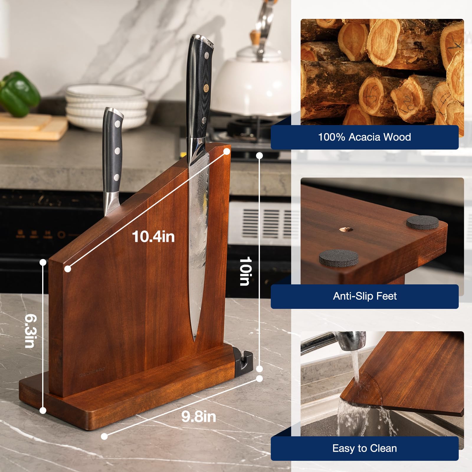 Magnetic Knife Block, Magnetic Knife Holder with Built-in Sharpener, 100% Acacia Wood Magnetic Knife Block Without Knives, Double-Sided Magnetic Knife Holder for Countertop, Dark Wood