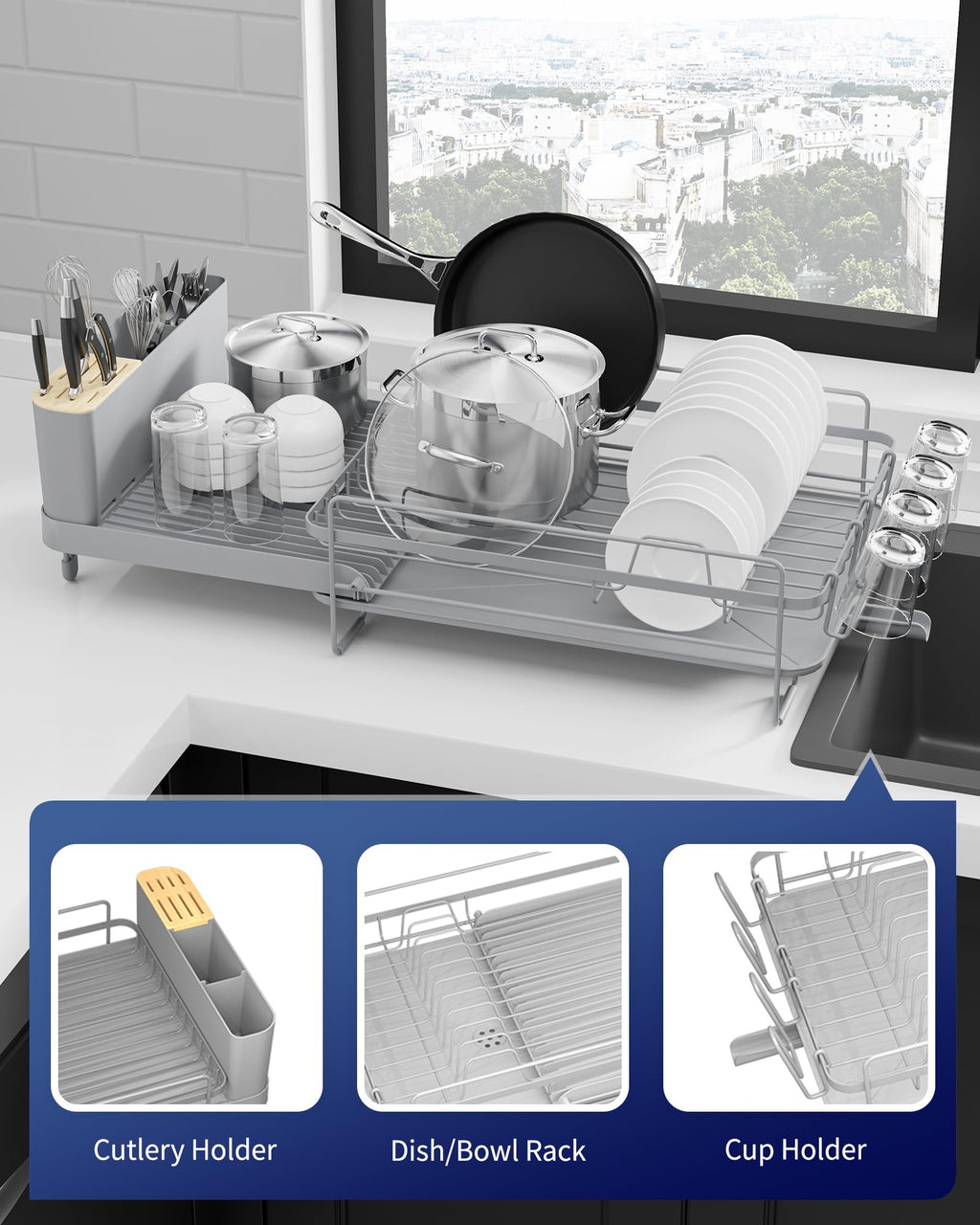 Kitsure Large Dish Drying Rack - Extendable Stainless Steel, Anti-Rust Kitchen Counter Rack with Cutlery & Cup Holders, 67.8 x 32.8 x 15.0cm, Black