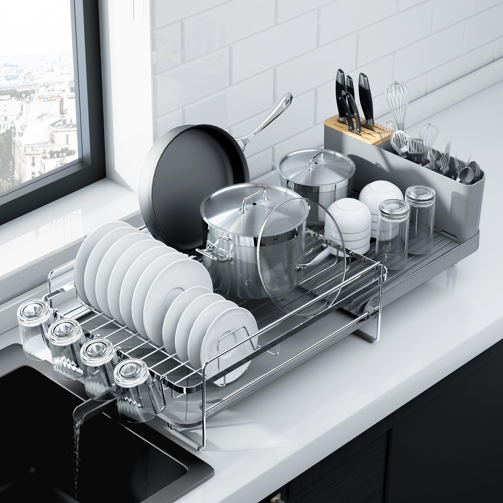 Kitsure Large Dish Drying Rack - Extendable Stainless Steel, Anti-Rust Kitchen Counter Rack with Cutlery & Cup Holders, 67.8 x 32.8 x 15.0cm, Black