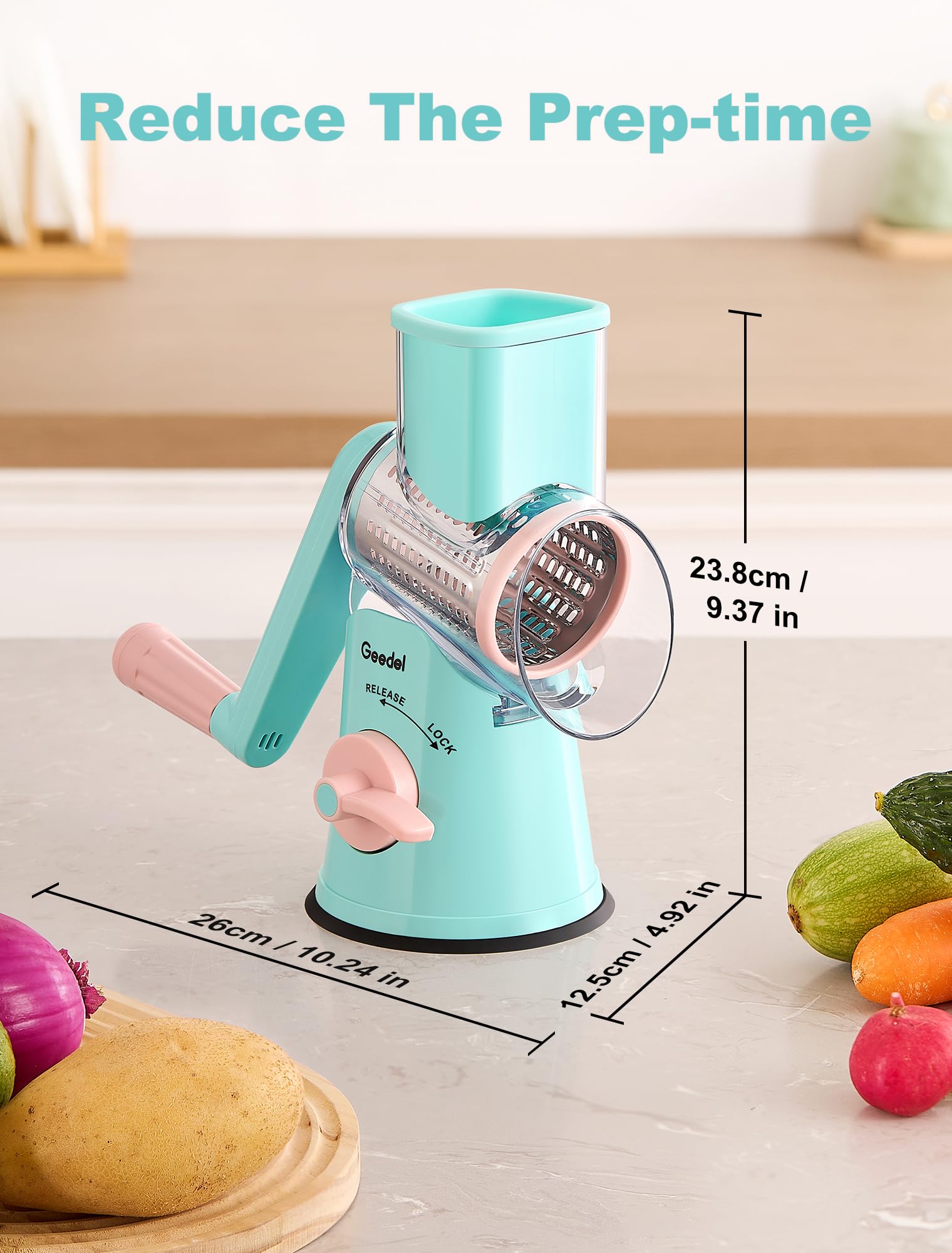 Geedel Rotary Cheese Grater, Mandoline Vegetable Slicer with 5 Interchangeable Blades, Easy to Use Rotary Grater Slicer for Fruit, Vegetables, Nuts