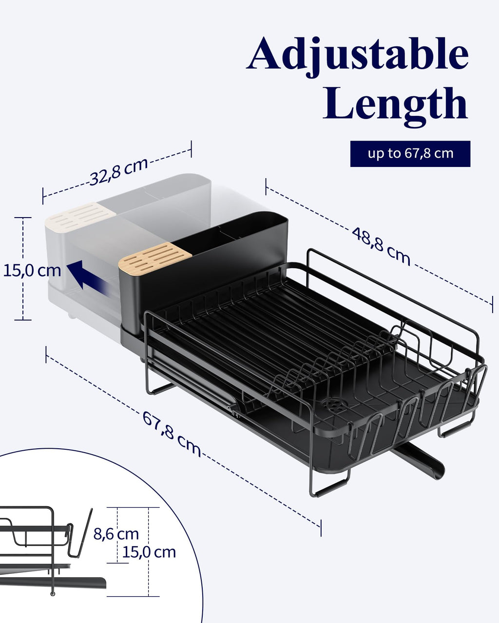Kitsure Large Dish Drying Rack - Extendable Stainless Steel, Anti-Rust Kitchen Counter Rack with Cutlery & Cup Holders, 67.8 x 32.8 x 15.0cm, Black