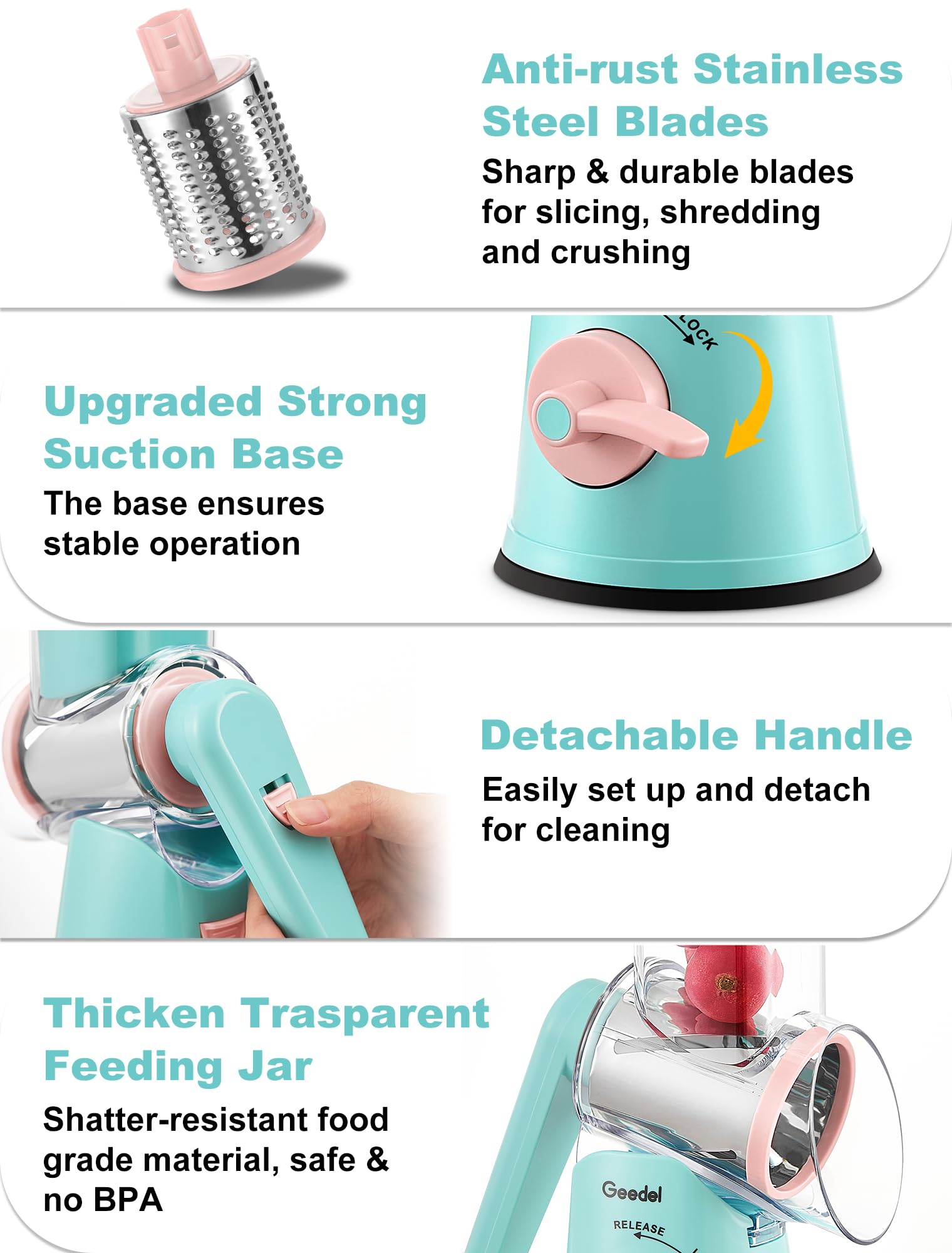 Geedel Rotary Cheese Grater, Mandoline Vegetable Slicer with 5 Interchangeable Blades, Easy to Use Rotary Grater Slicer for Fruit, Vegetables, Nuts