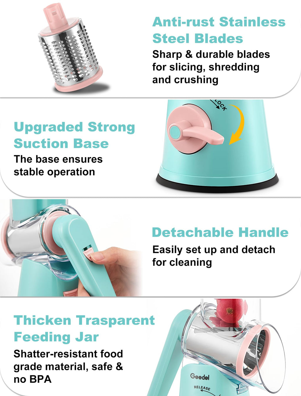 Geedel Rotary Cheese Grater, Mandoline Vegetable Slicer with 5 Interchangeable Blades, Easy to Use Rotary Grater Slicer for Fruit, Vegetables, Nuts