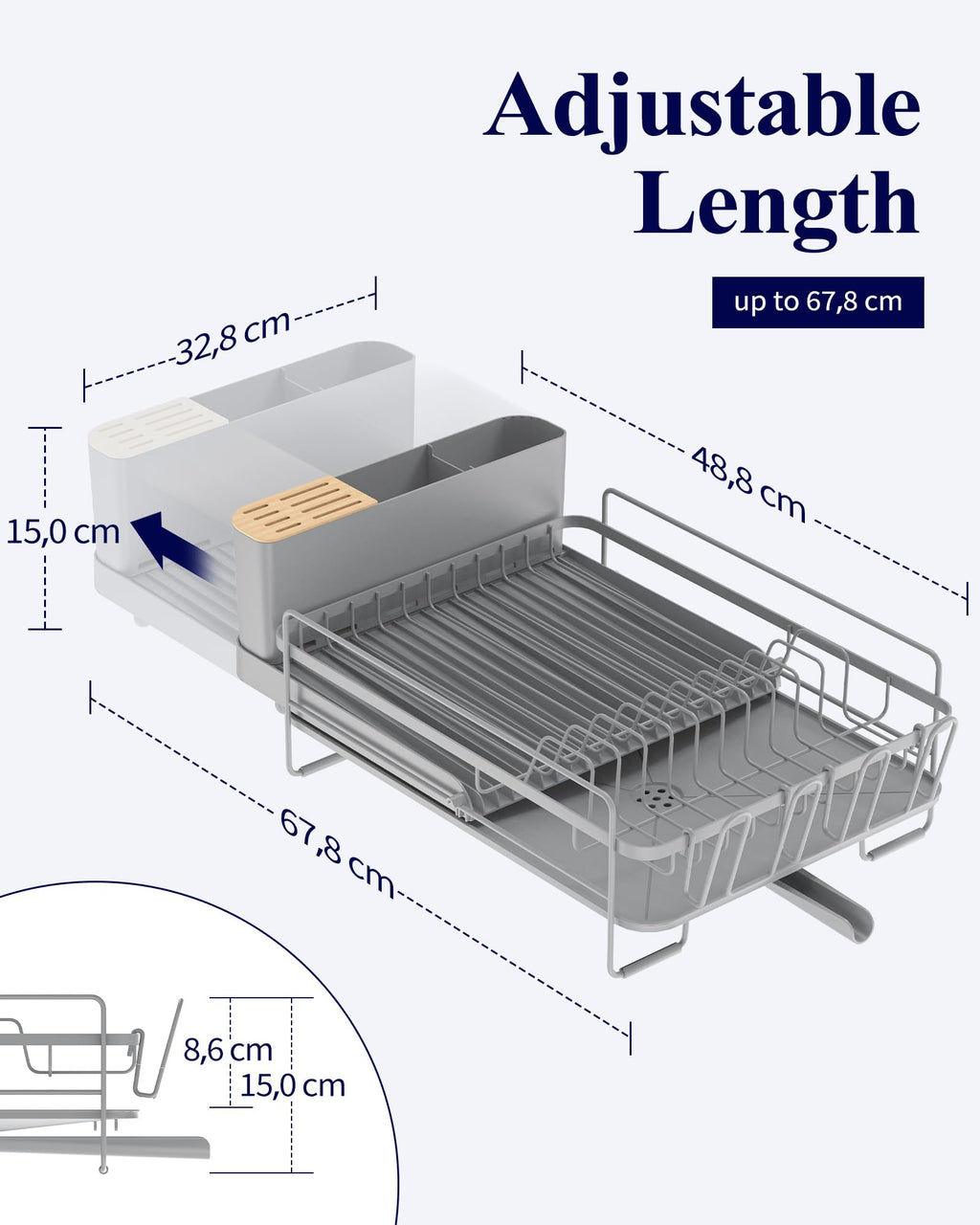 Kitsure Large Dish Drying Rack - Extendable Stainless Steel, Anti-Rust Kitchen Counter Rack with Cutlery & Cup Holders, 67.8 x 32.8 x 15.0cm, Black