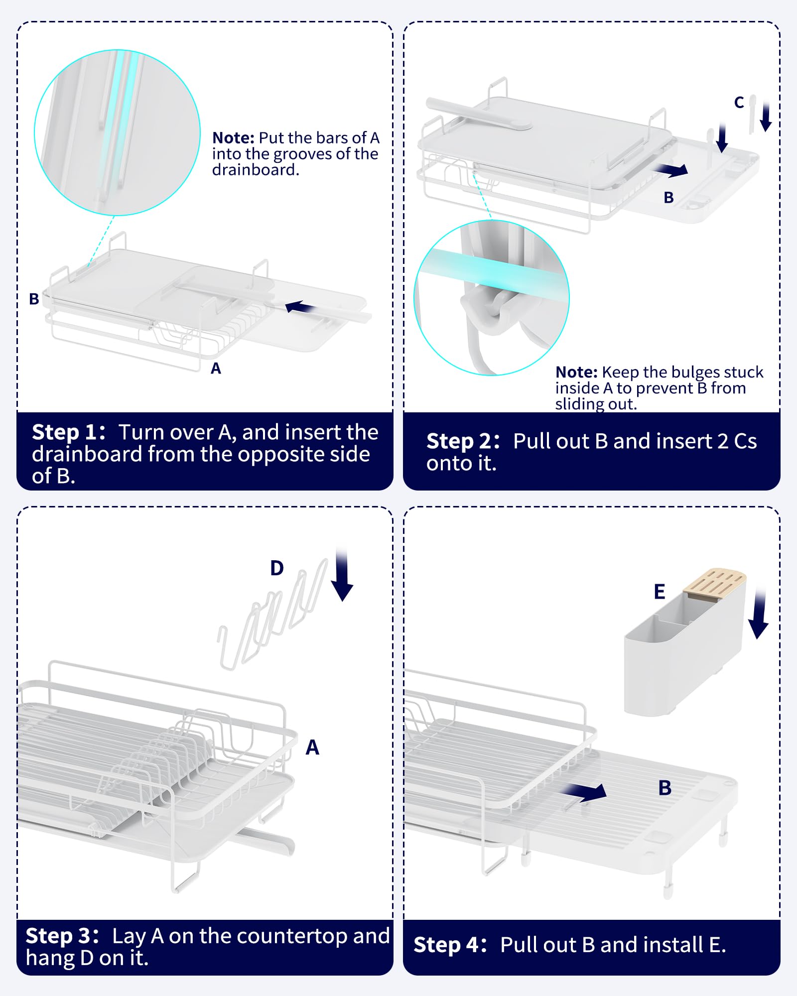 Kitsure Large Dish Drying Rack - Extendable Stainless Steel, Anti-Rust Kitchen Counter Rack with Cutlery & Cup Holders, 67.8 x 32.8 x 15.0cm, Black