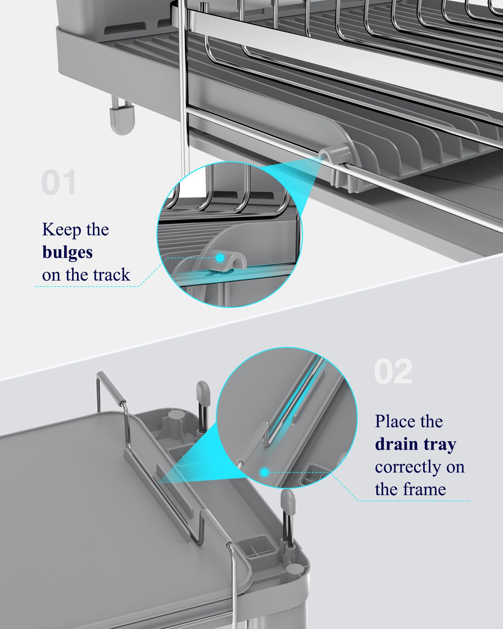Kitsure Large Dish Drying Rack - Extendable Stainless Steel, Anti-Rust Kitchen Counter Rack with Cutlery & Cup Holders, 67.8 x 32.8 x 15.0cm, Black