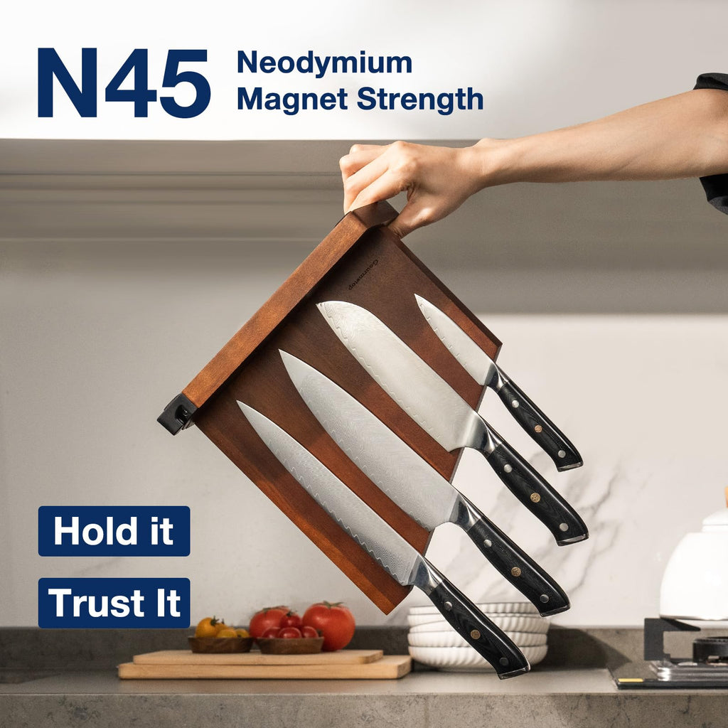 Magnetic Knife Block, Magnetic Knife Holder with Built-in Sharpener, 100% Acacia Wood Magnetic Knife Block Without Knives, Double-Sided Magnetic Knife Holder for Countertop, Dark Wood