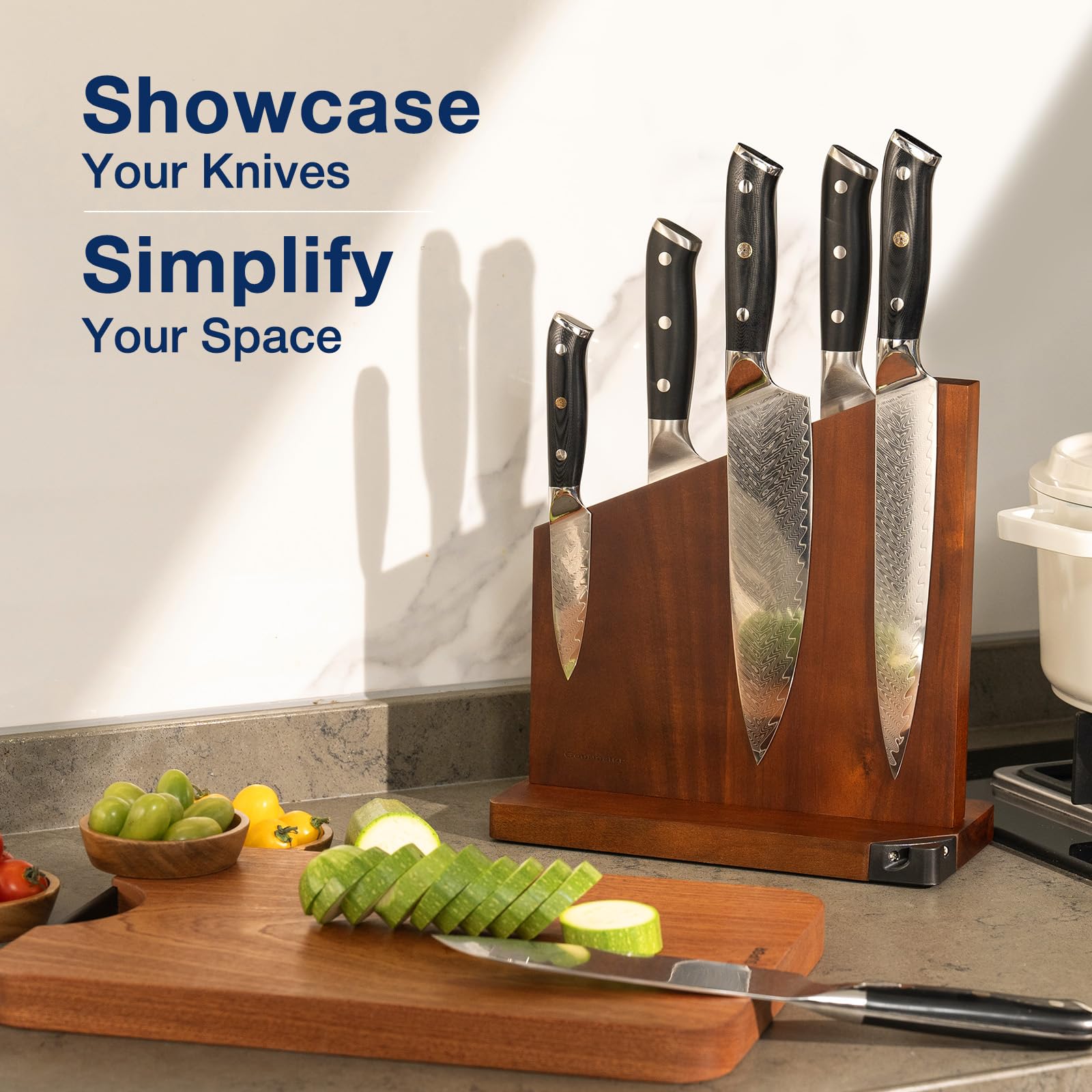 Magnetic Knife Block, Magnetic Knife Holder with Built-in Sharpener, 100% Acacia Wood Magnetic Knife Block Without Knives, Double-Sided Magnetic Knife Holder for Countertop, Dark Wood