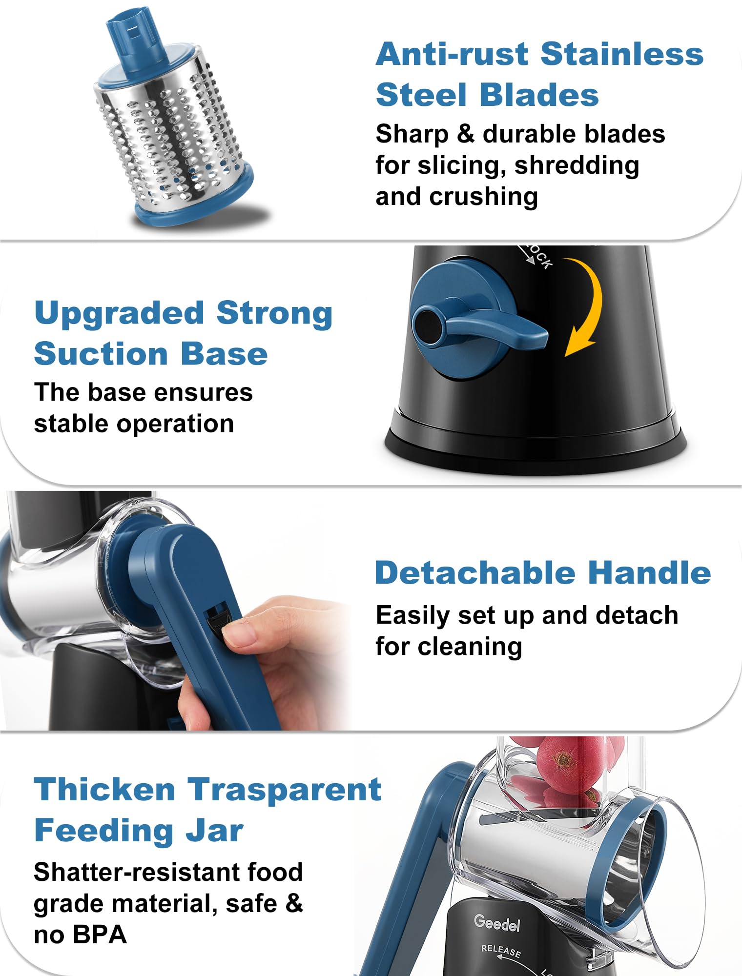 Geedel Rotary Cheese Grater, Mandoline Vegetable Slicer with 5 Interchangeable Blades, Easy to Use Rotary Grater Slicer for Fruit, Vegetables, Nuts