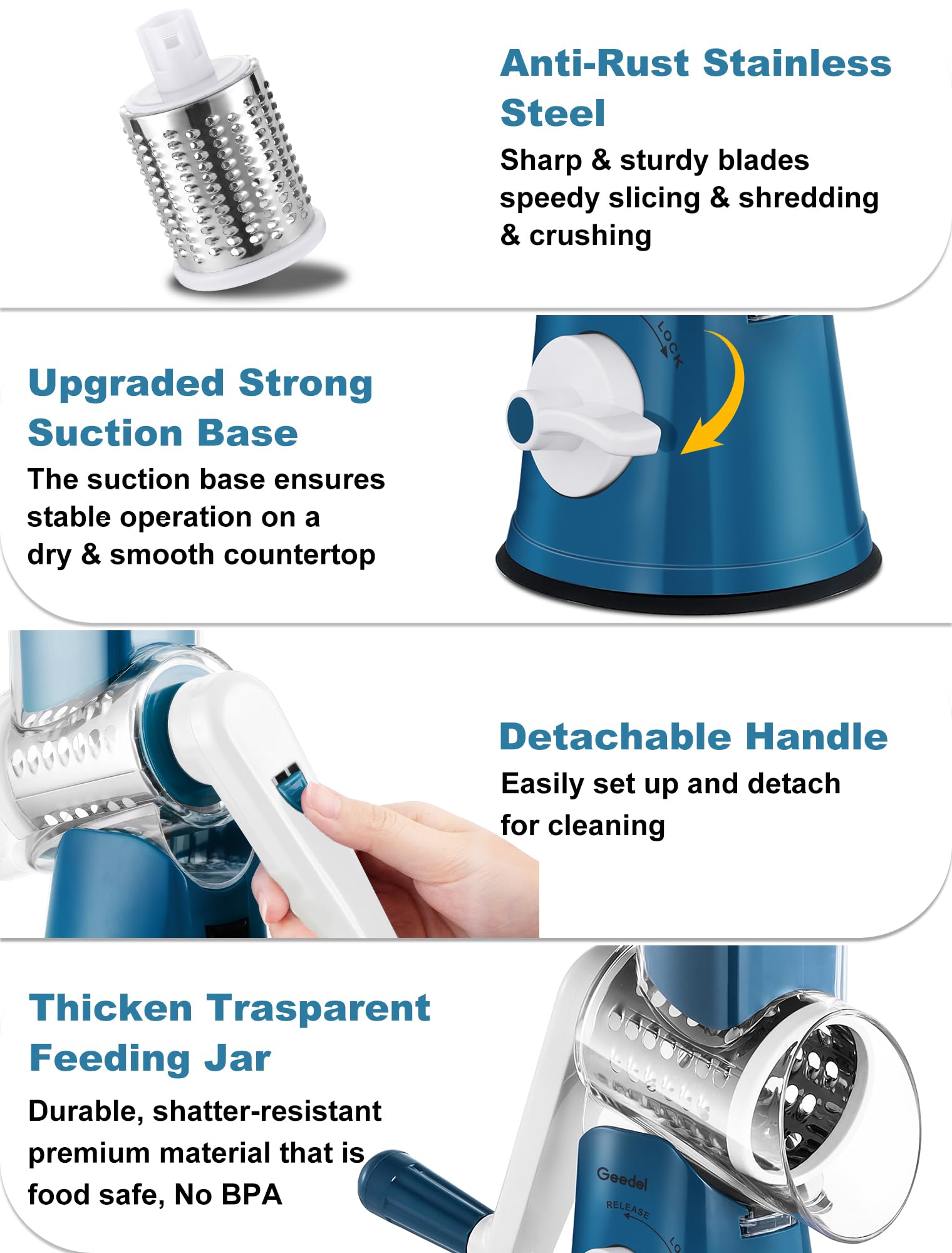 Geedel Rotary Cheese Grater, Mandoline Vegetable Slicer with 5 Interchangeable Blades, Easy to Use Rotary Grater Slicer for Fruit, Vegetables, Nuts